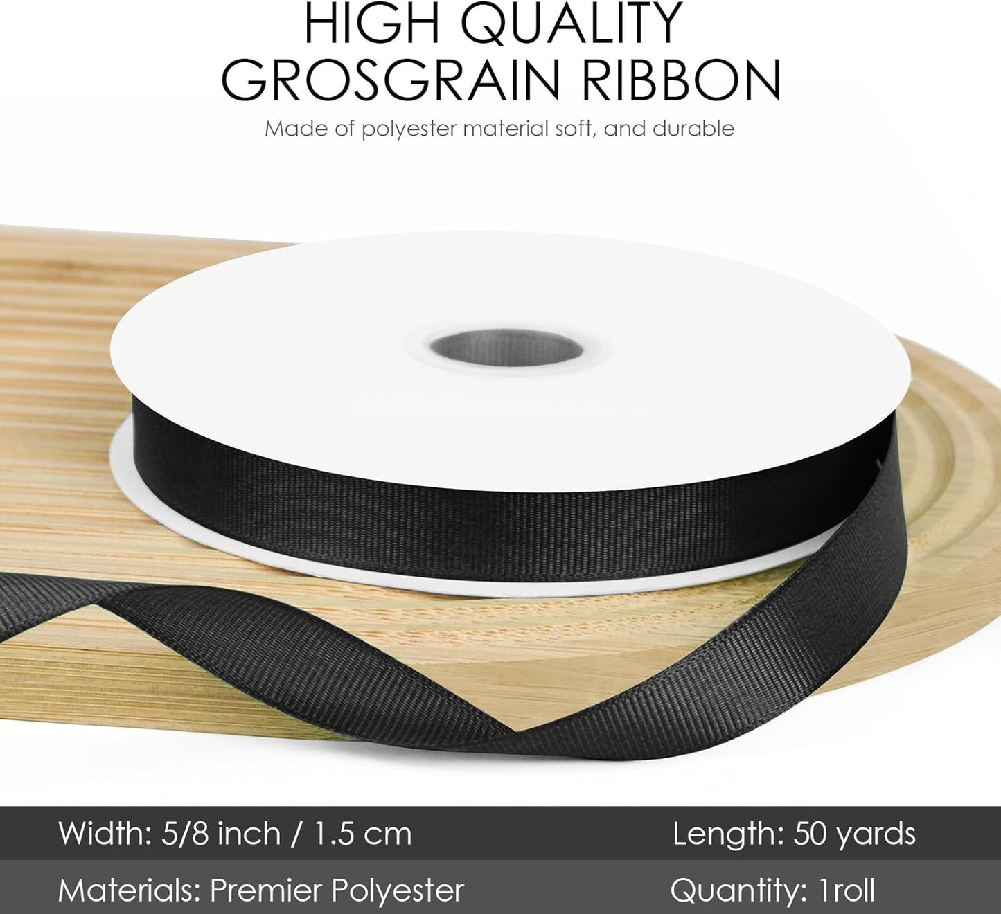50 Yards 5/8 inch Grosgrain Ribbon, Solid Color Fabric Ribbon Perfect for Gift Wrapping, Wedding, Handmade Bows, Floral Bouquets and Party Decoration(Black)