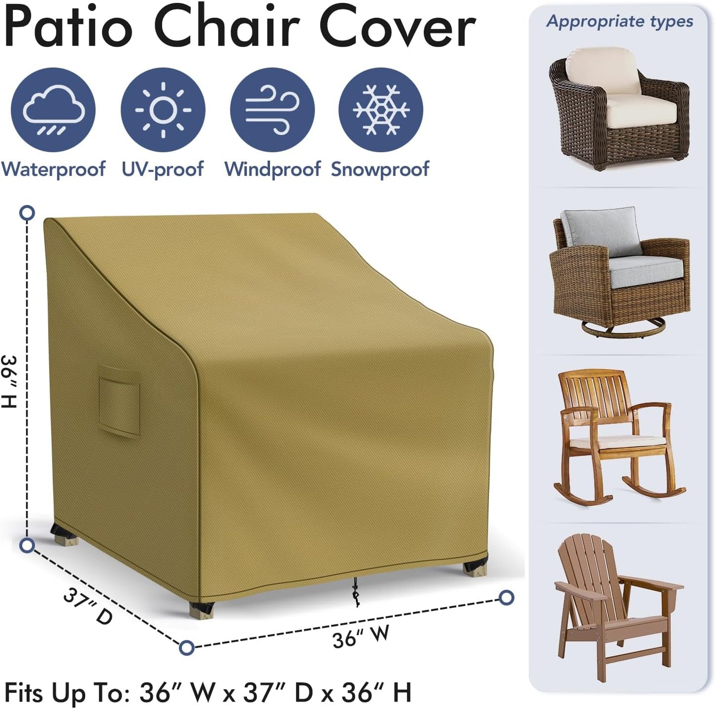 Patio Furniture Covers Waterproof for Chairs, Lawn Outdoor Chair Covers 2 Pack, Patio Chair Covers for Outdoor Furniture Fits up to 36W x 37D x 36H inches, Khaki