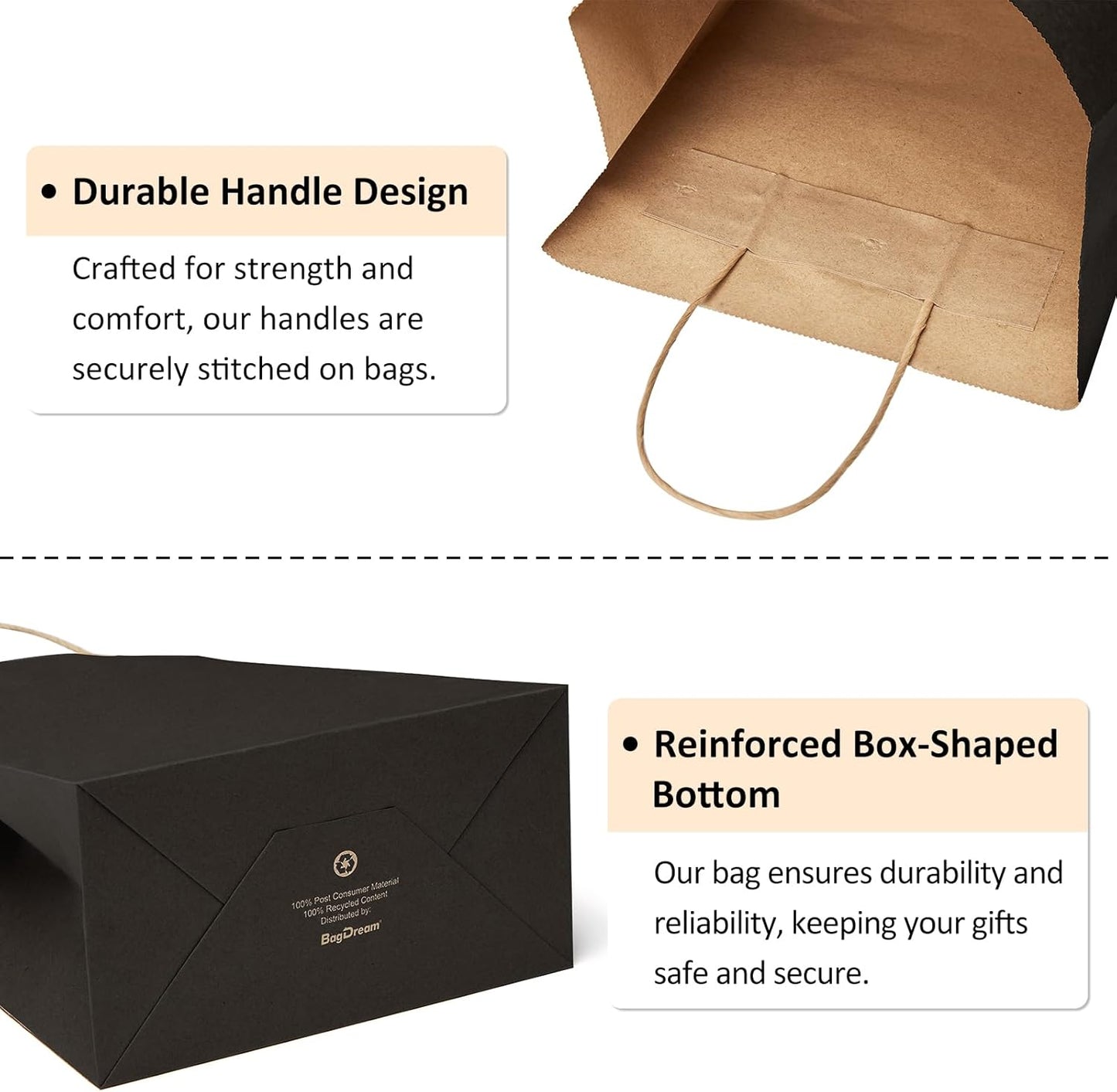 BagDream 100Pack 10x5x13 Black Paper Bags with Handles Bulk Kraft Recycled Paper Shopping Bags for Gifts, Merchandise, Retail, Party Favor Gift Sacks
