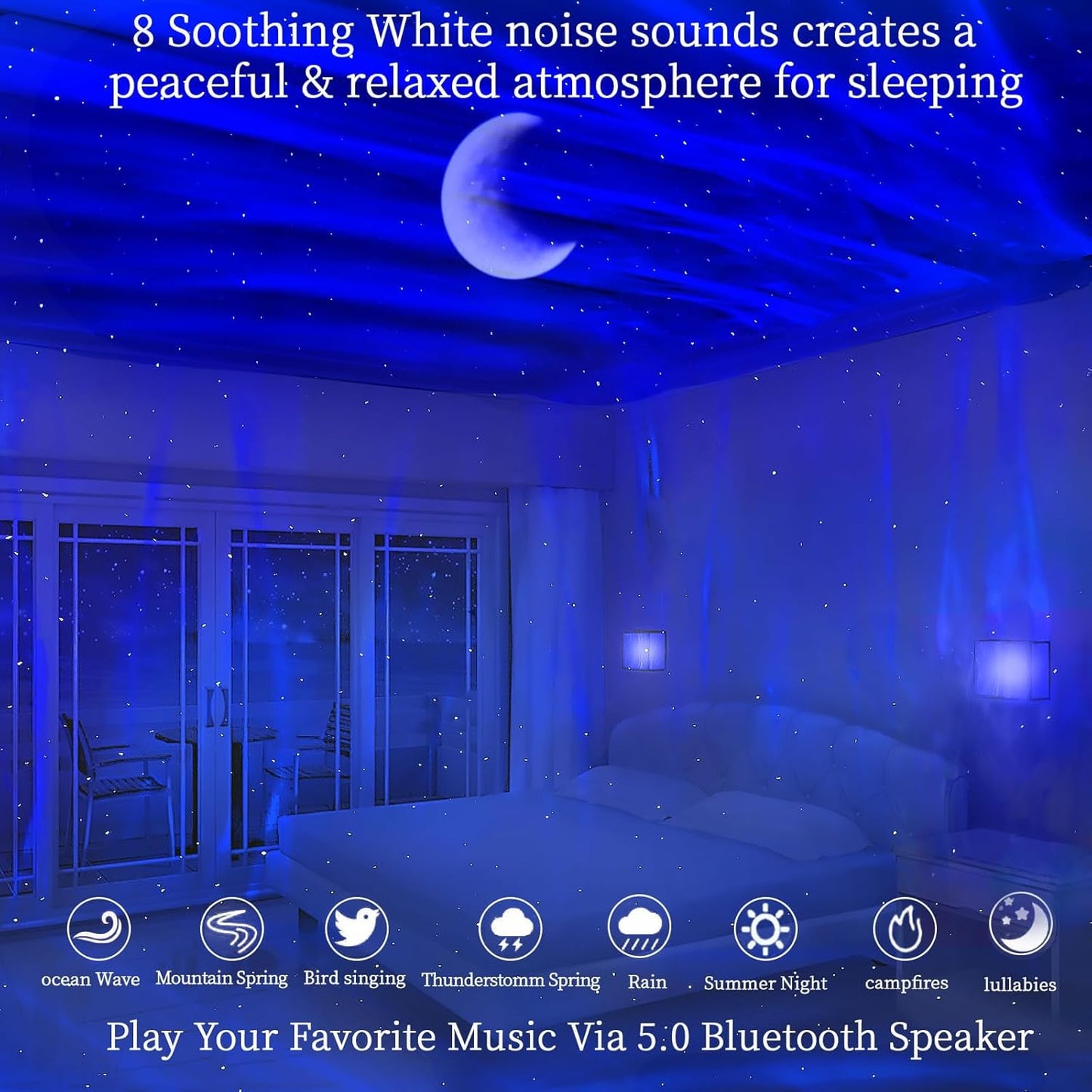 Aurora Northern Lights Projector: 60+ Light Effects White Noise Stars Sky Moon Lights for Bedroom Bluetooth Remote Timer Multi Colors, Mood Lighting Room & Classroom Decor