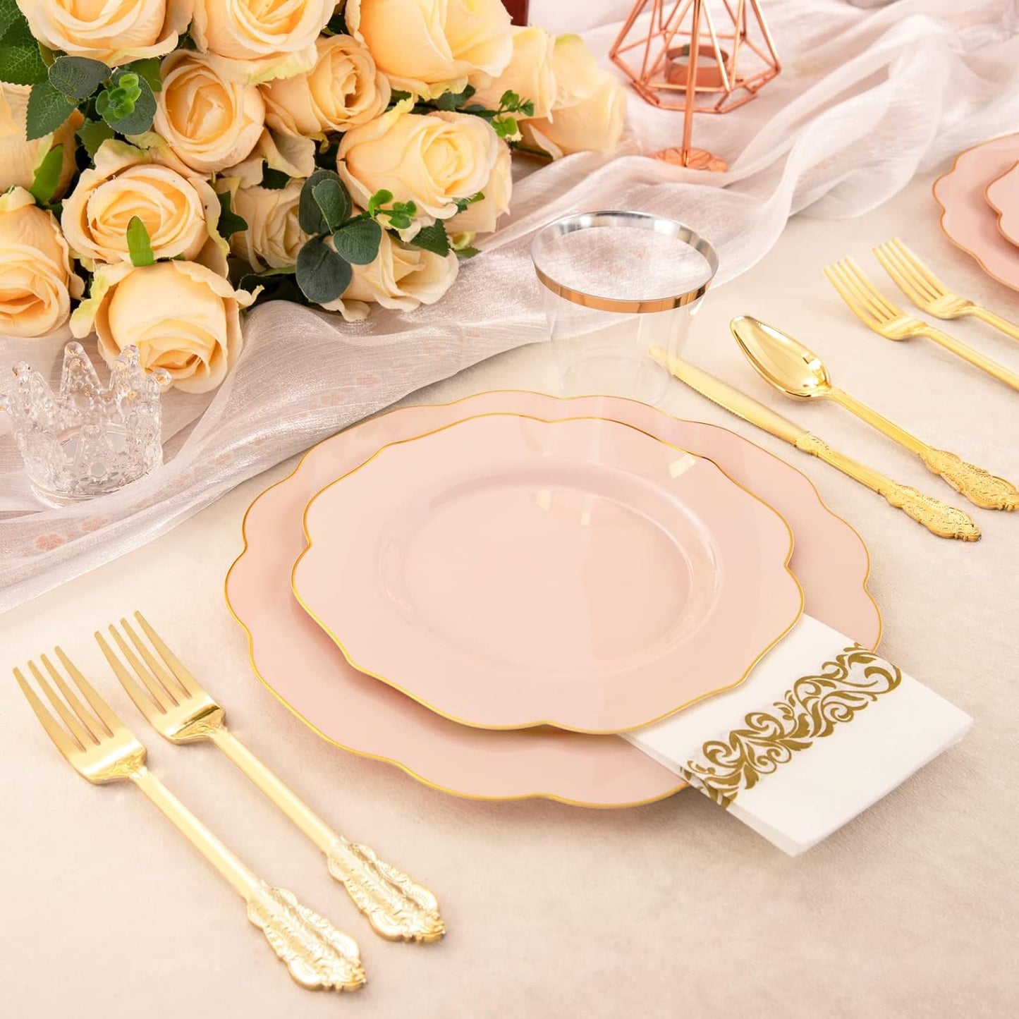 NOCCUR 175PCS Pink Plates with Gold Disposable Silverware - Include 50 Pink Plastic Plates,25 Knives,25 Forks,25 Spoons,25 Cups and 25 Napkins - Ideal for Wedding/Party