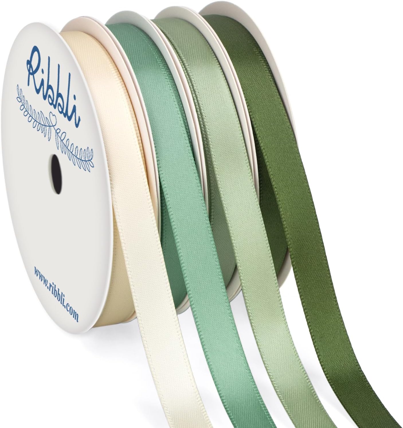 Ribbli Sage Green Satin Ribbon 3/8 Inch x 4 Rolls Total 40 Yards- Ivory/Sage/Dusty Sage/Moss Green Ribbon for Wrapping and Craft