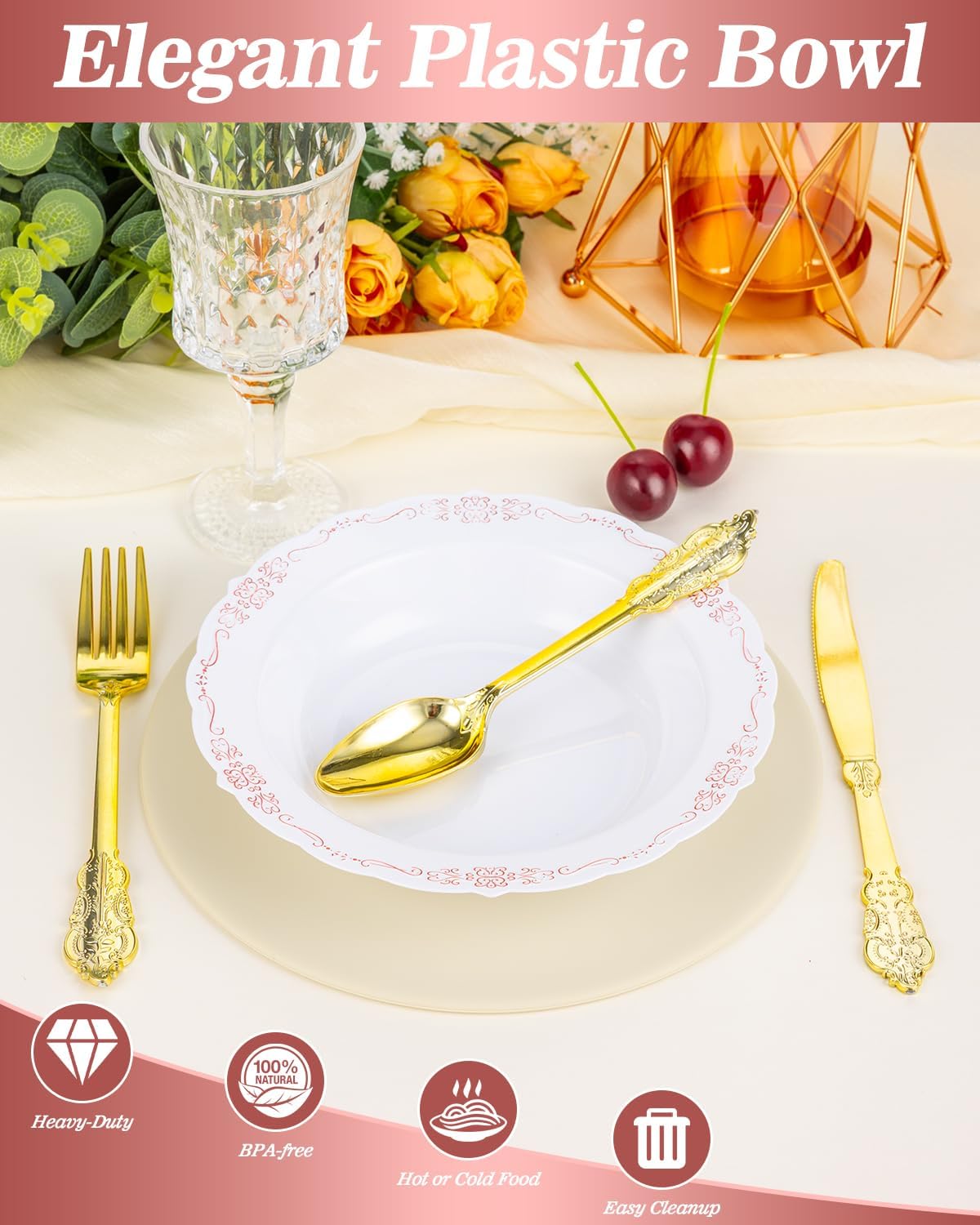 50 Pack White Plastic Bowls with Rose Gold Rim, 12oz Plastic Dessert Bowl, Bowls Disposable Heavy Duty for Hot Soup, Dessert, Salad, Cake, Ice Cream, Fruit