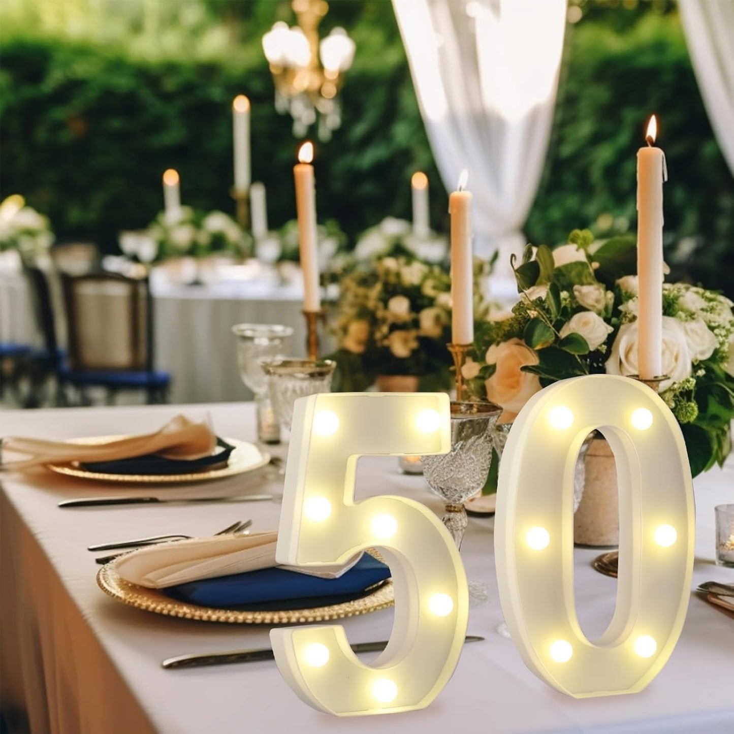 LED Marquee Letter Lights, Decorative Light Up Numbers for 50th Birthday Party, Battery Operated, Warm White Small Marquee 50 Sign for Anniversary Decorations