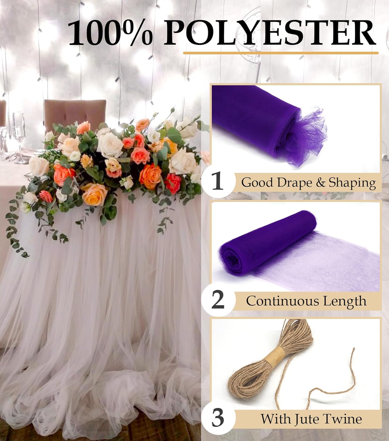 Purple Tulle Fabric Roll, 54" x 40 Yards (120FT) Tulle for Wedding Decoration DIY Halloween Tutu Party Backdrop Baby Shower Table Skirts Gift Wrapping