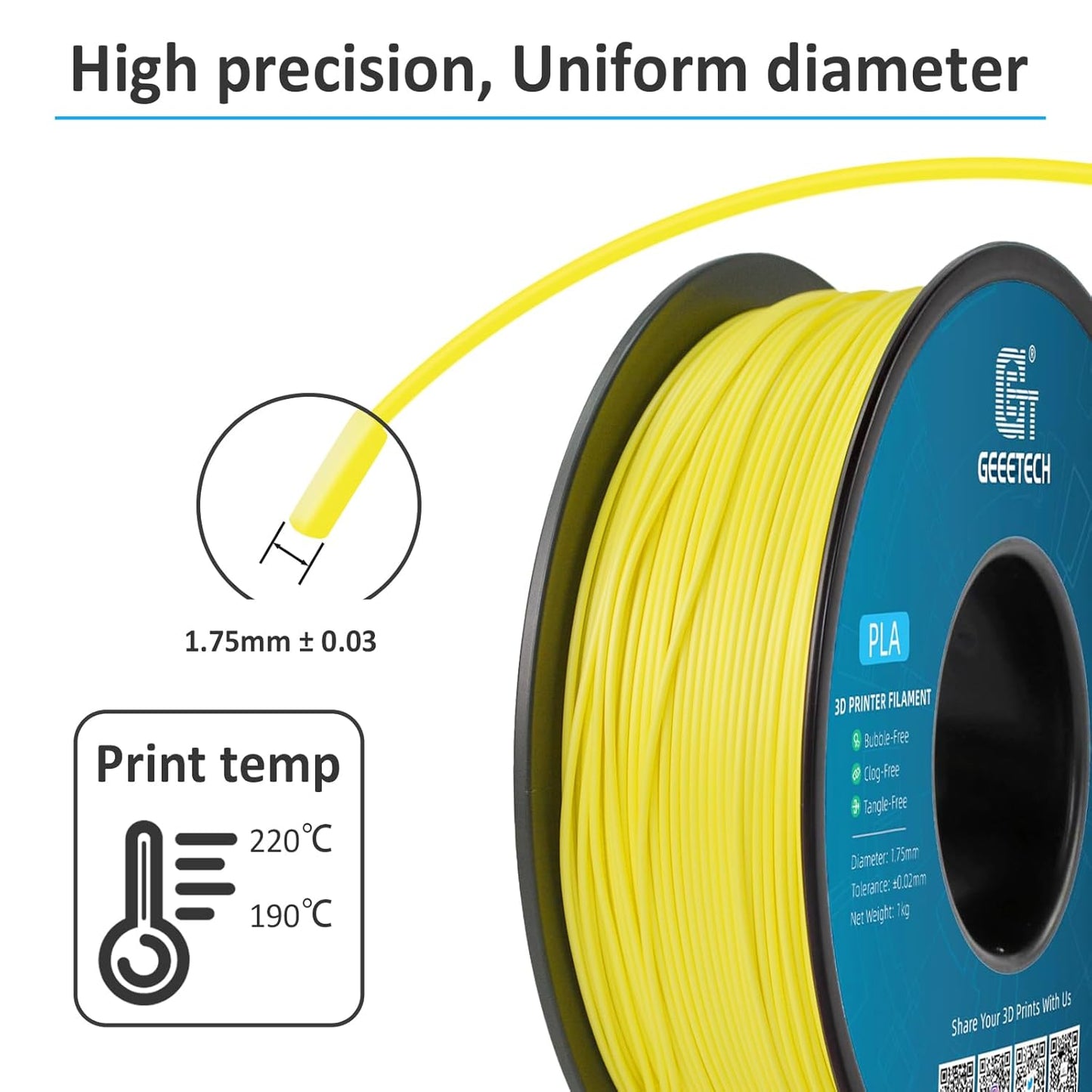 Geeetech Yellow PLA Filament 1.75mm, 3D Printer Filament Dimensional Accuracy +/- 0.02 mm, Upgrade Tidy Winding Tangle-Free, 1kg Spool(2.2lbs) Fit Most FDM 3D Printers