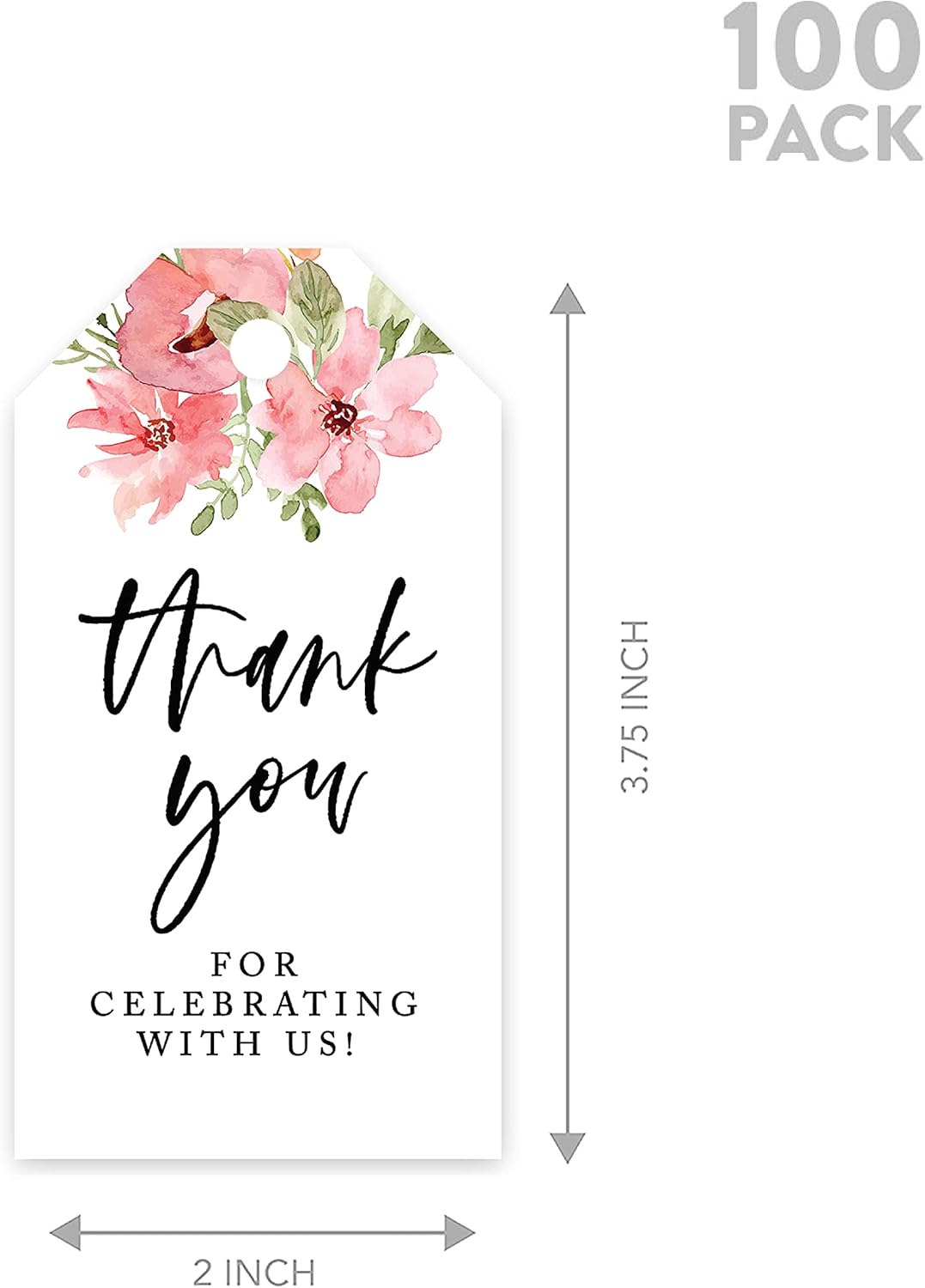 Andaz Press 100-Pack Thank You for Celebrating with Us Favor Tags Coral Watercolor Florals Cardstock Gift Tags with Bakers Twine for Wedding Baby Shower Bridal Shower Party Favors 2 x 3.75-Inches