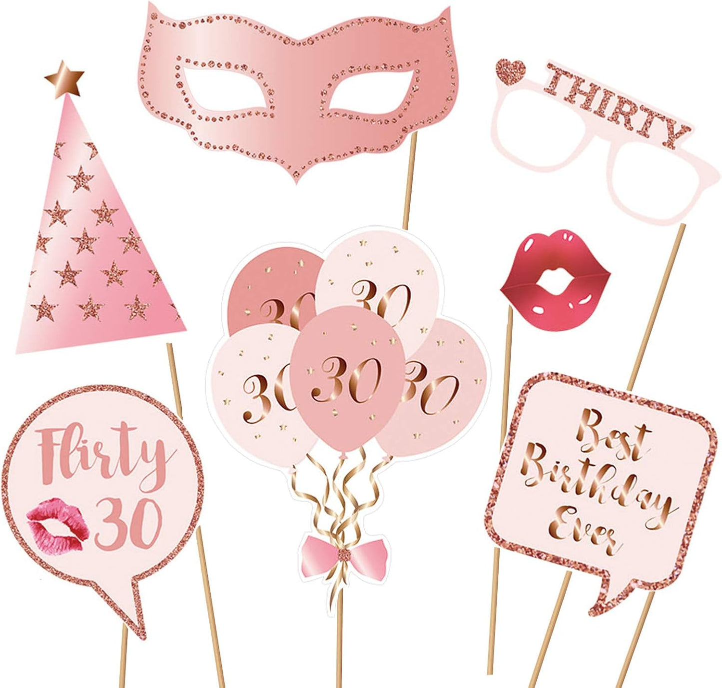 30th Birthday Party Photo Booth Props and Signs, Rose Gold 30 Birthday Party Selfie Props Kit with Sticks for Girls Women, Thirty 30th Happy Birthday Party Decorations Supplies Favors