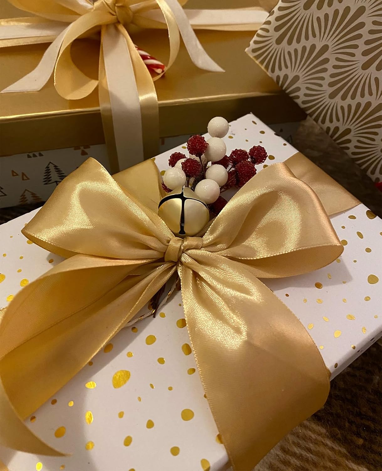 1-1/2 Inch Champaign Gold Satin Ribbon 50 Yards Solid Fabric Ribbons for Gift Wrapping, Crafts, Floral Arrangements, Wedding, Party, Holiday and Home Decor