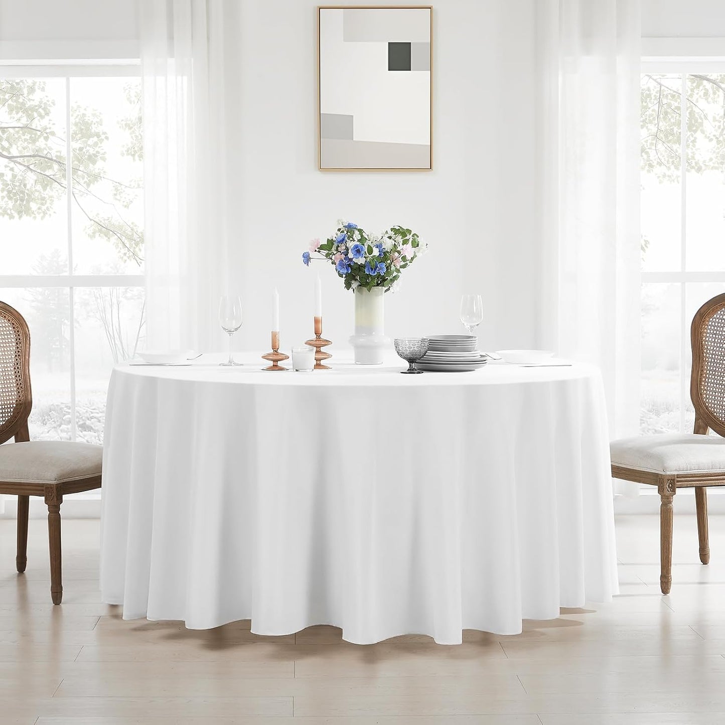 Round Tablecloth 2 Pack 108 Inch White Tablecloths Washable Decorative Linen Polyester Table Clothes Cover for Dining Table Banquets Buffet Parties and Wedding