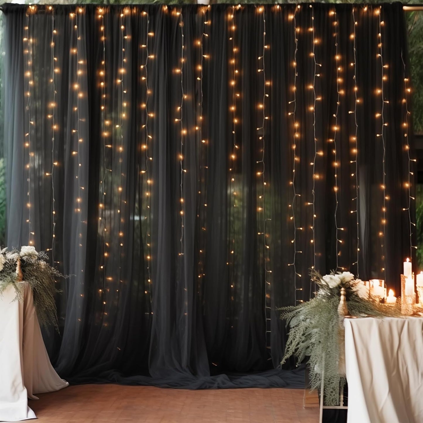 20×10ft Black Tulle Backdrop Curtain with Lights String for Parties, Sheer Photo Backdrop Curtains for Wedding Party Photography Background