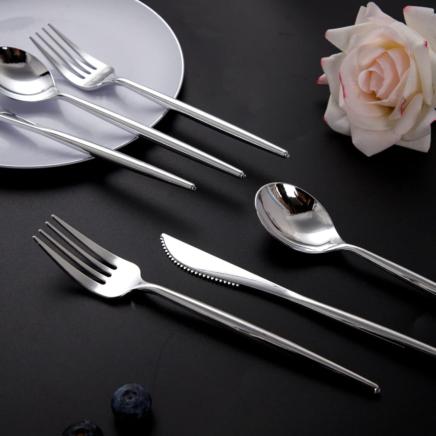 SUT 150Pcs Silver Plastic Silverware, Silver Disposable Cutlery, Heavy Duty Disposable Silverware, Plastic Utensils Include 50 Plastic Forks, 50 Plastic Spoons, 50 Plastic Knives