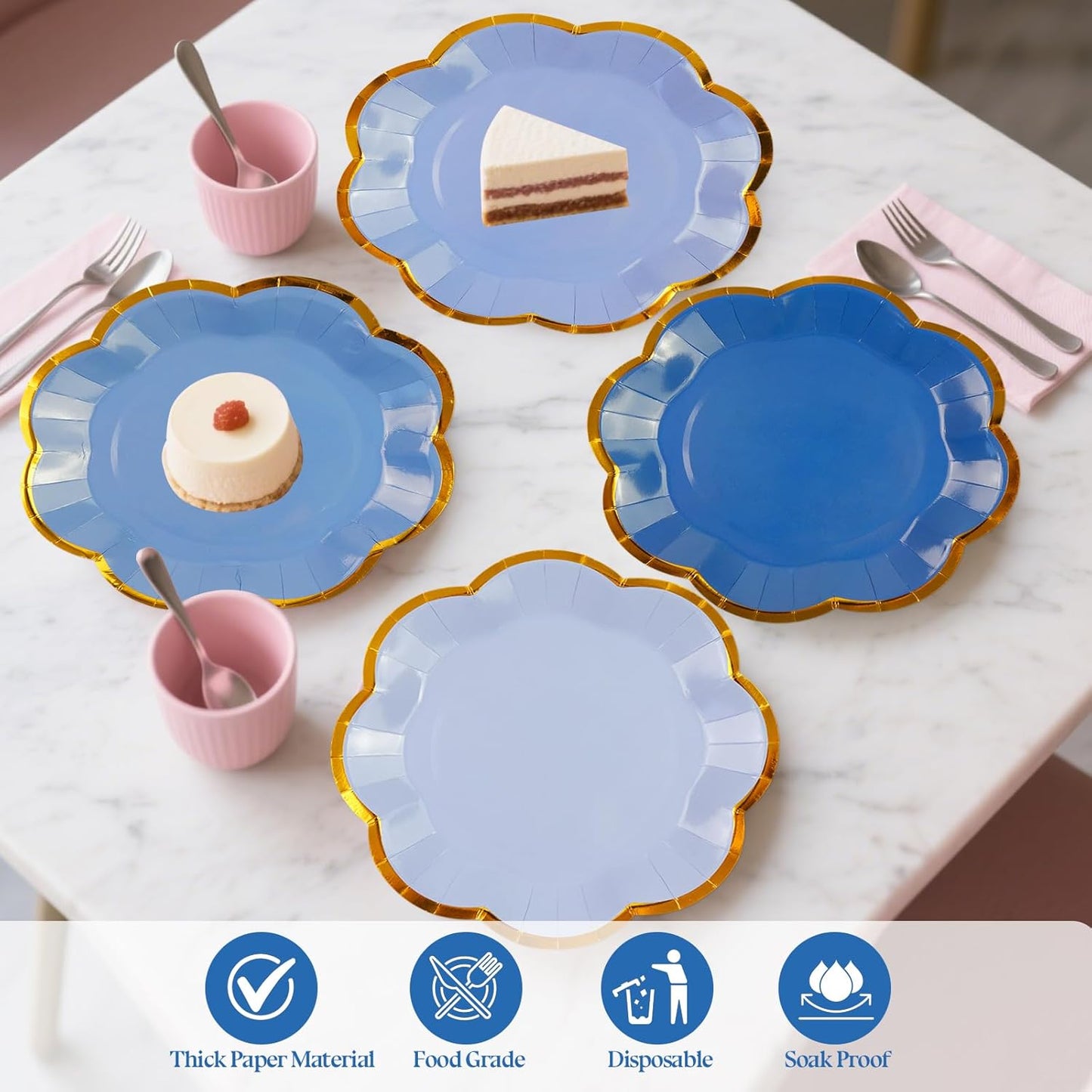 48Pcs Light Blue Scalloped Party Plates - 7inch Gold Foil Gradient Blue Dessert Paper Plate Disposable Cake Plates for Birthday Bridal Baby Shower Wedding Party Decorative Supplies