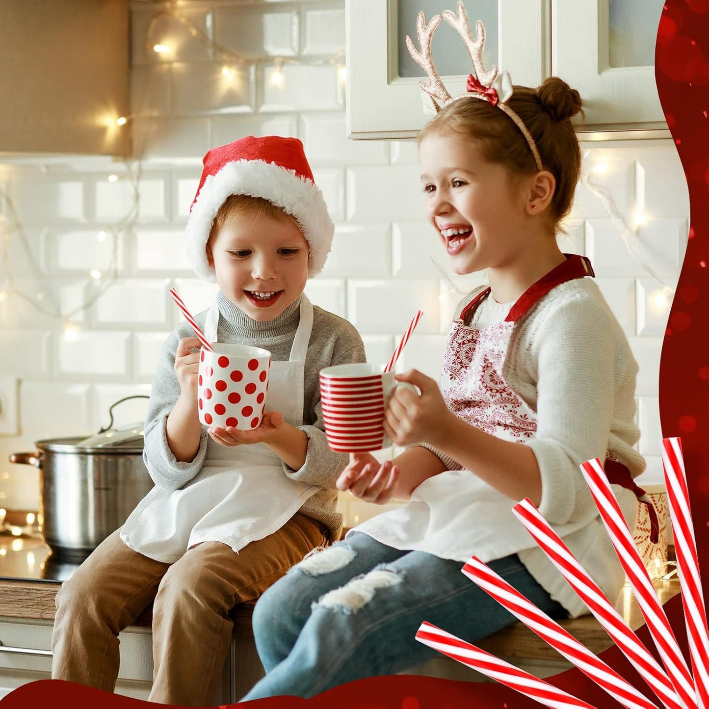 Vesici 9 Inch Plastic Striped Straws Reusable with Cleaning Brush Red Striped Hard Drinking Straws for Christmas Party Decoration Supplies(Red and White,50 Pcs)