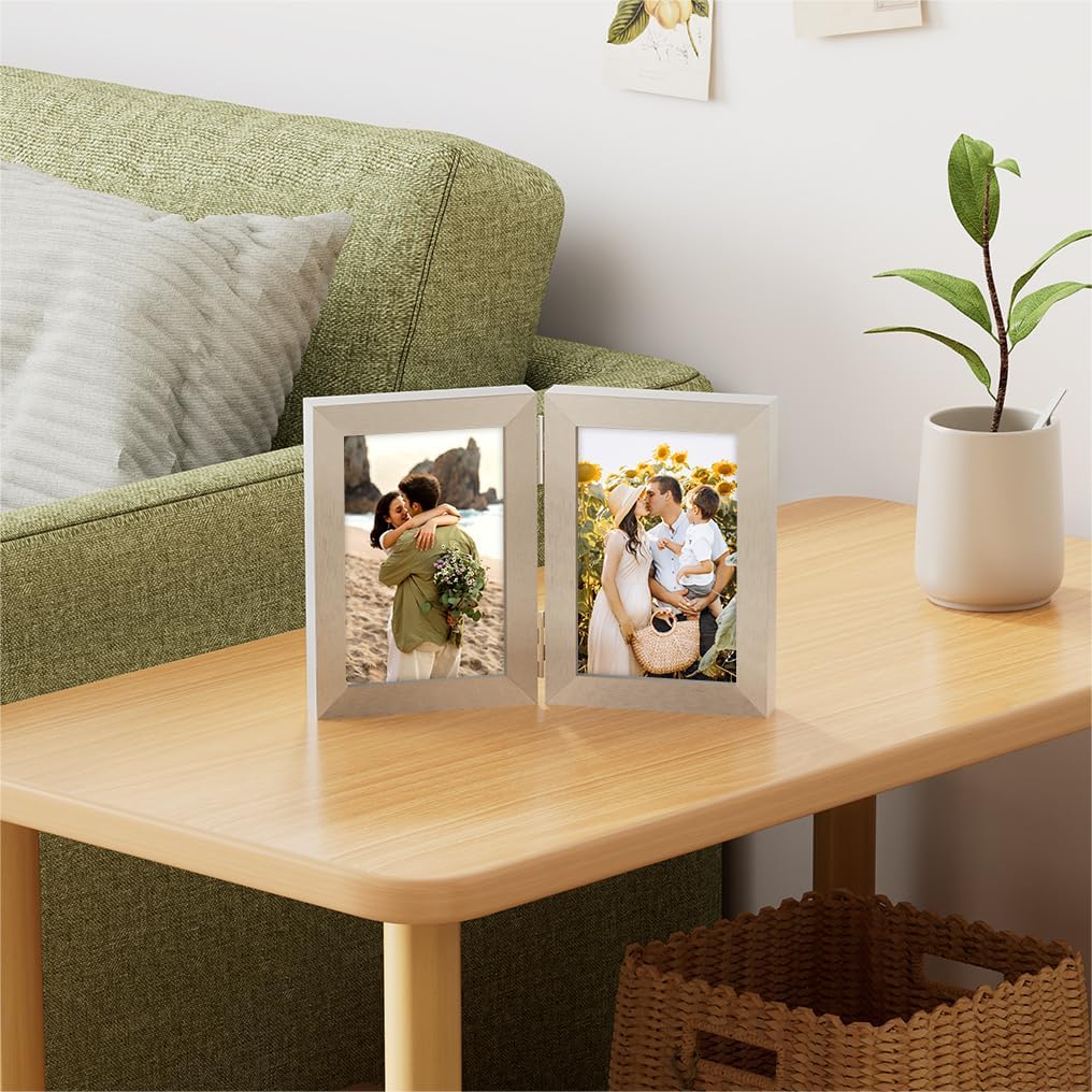 decorUhome Double 4x6 Picture Frame Vertical, Engineered Wood Bifold Photo Frame with Plexiglass for Tabletop Display, 4x6, Silver