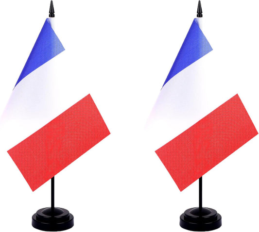 France Desk Flag 12" Solid Pole Deluxe Set French Flags Banner Mini Small France Office Table Flags with Black Stand Base Desktop Decorations(2Pack)