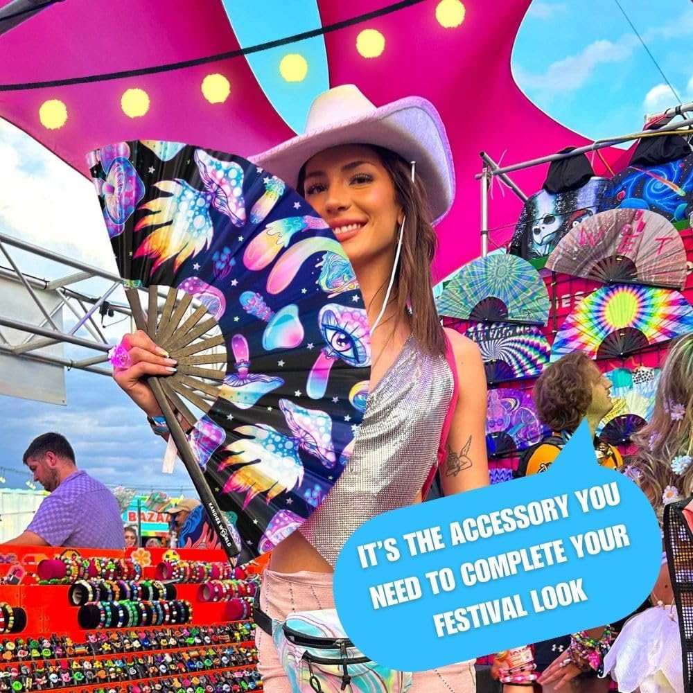 Kandies World UV Reactive Custom Festival Folding Hand Fan - Unique Designs, Made of Bamboo, Clacking Sound, Lightweight - Perfect Rave and Festival Accessory!