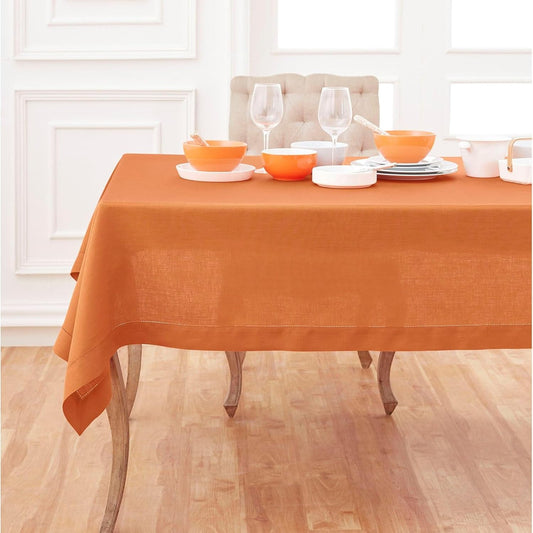 Solino Home Linen Pumpkin Tablecloth 60 x 108 Inch - Classic Hemstitch, 100% Pure Linen Rectangular Tablecloth - Machine Washable Table Cloth for Fall, Autumn, Halloween, Thanksgiving, Holiday
