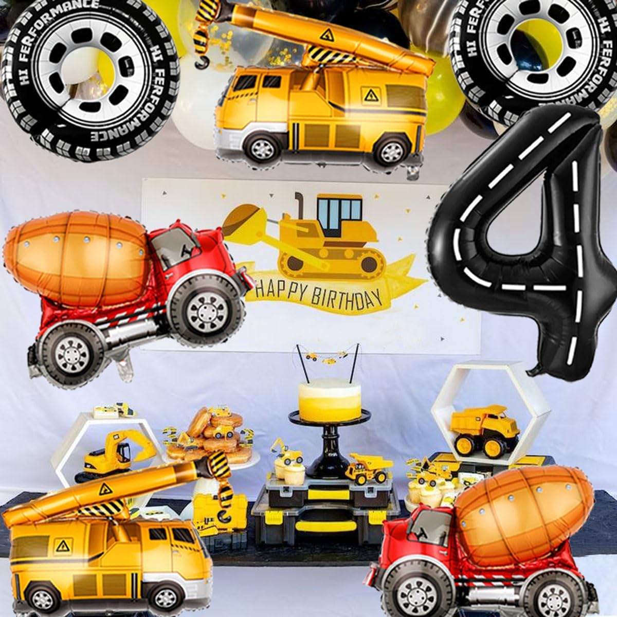 Construction Balloons 4rd Birthday Decorations for Boys 40inch Number 4 Balloons Truck Foil Balloon for Construction Birthday Party Decorations Supplies