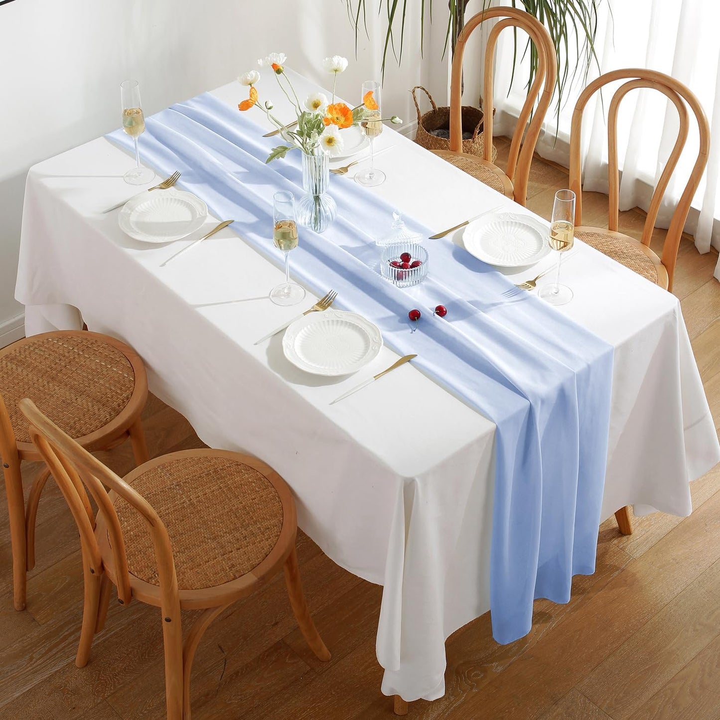 2 Pack 10 Ft Chiffon Table Runner Light Blue Gauze Long Table Runners 27x120 Inches Sheer Tulle Table Runner for Rustic Wedding Reception Bridal Shower Decorations Birthday Party