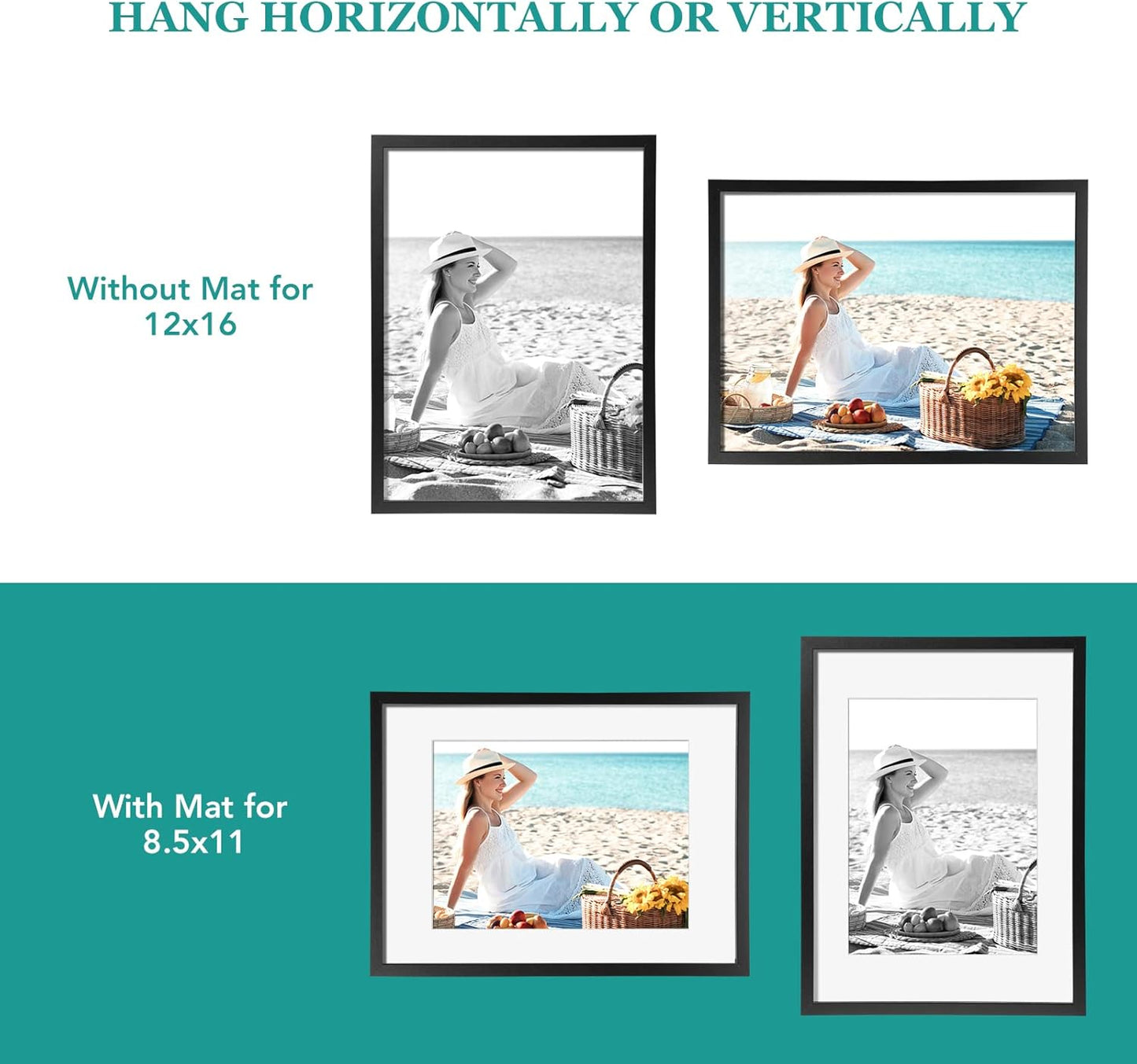 TWING 12 x 16 Picture Frames Set of 6, Display Pictures 8.5x11 with Mat or 12x16 Without Mat, Large Photo Gallery Wall Frame Set Wall Mounting Black Composite Wood