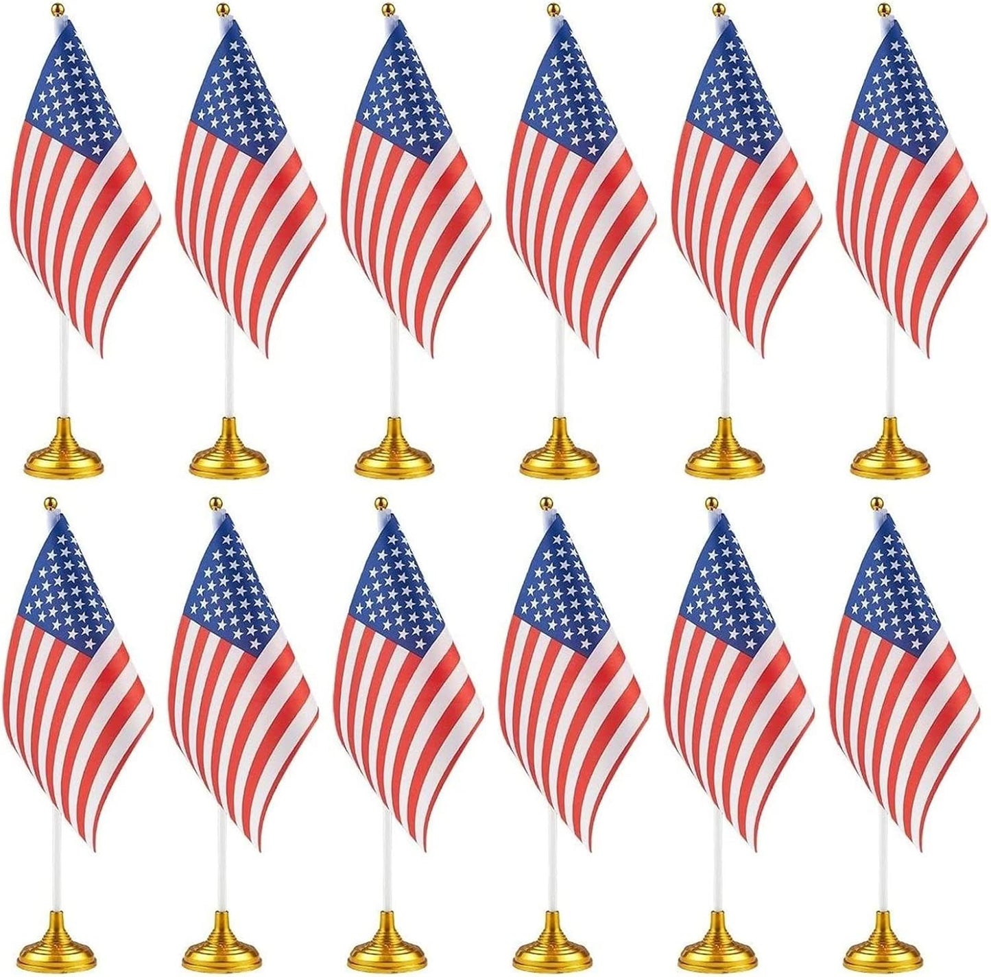 Juvale Mini American Flag Decor Set - 12-Pack 8 x 5.5in Flags on 12in Poles with Gold Base - Patriotic Table Decorations & Party Supplies for Desk & Office