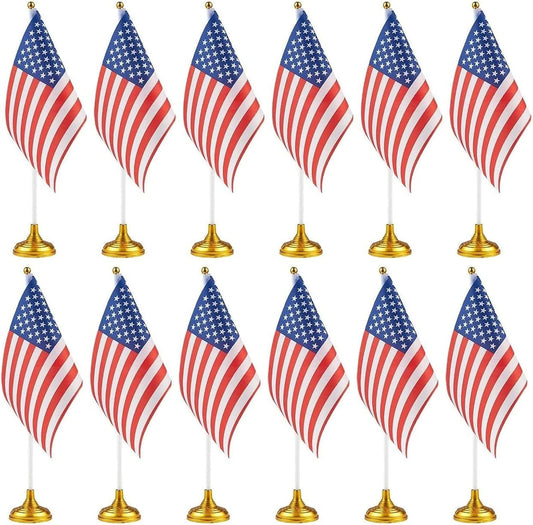 Juvale Mini American Flag Decor Set - 12-Pack 8 x 5.5in Flags on 12in Poles with Gold Base - Patriotic Table Decorations & Party Supplies for Desk & Office
