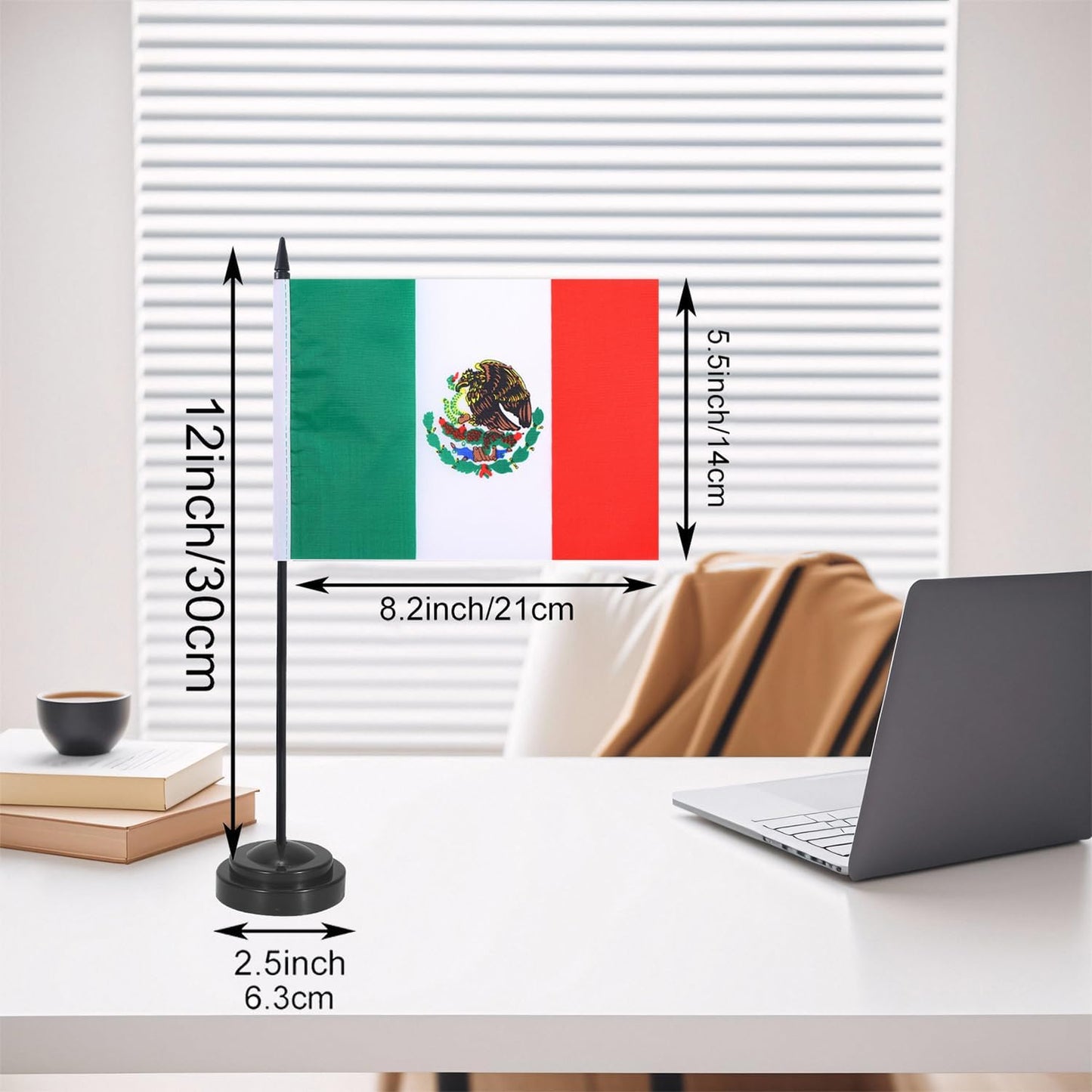Mexico Desk Flag 12" Solid Pole Deluxe Set Mexican Flags Banner Mini Small Mexico Office Table Flags with Black Stand Base Desktop Decorations(2Pack)