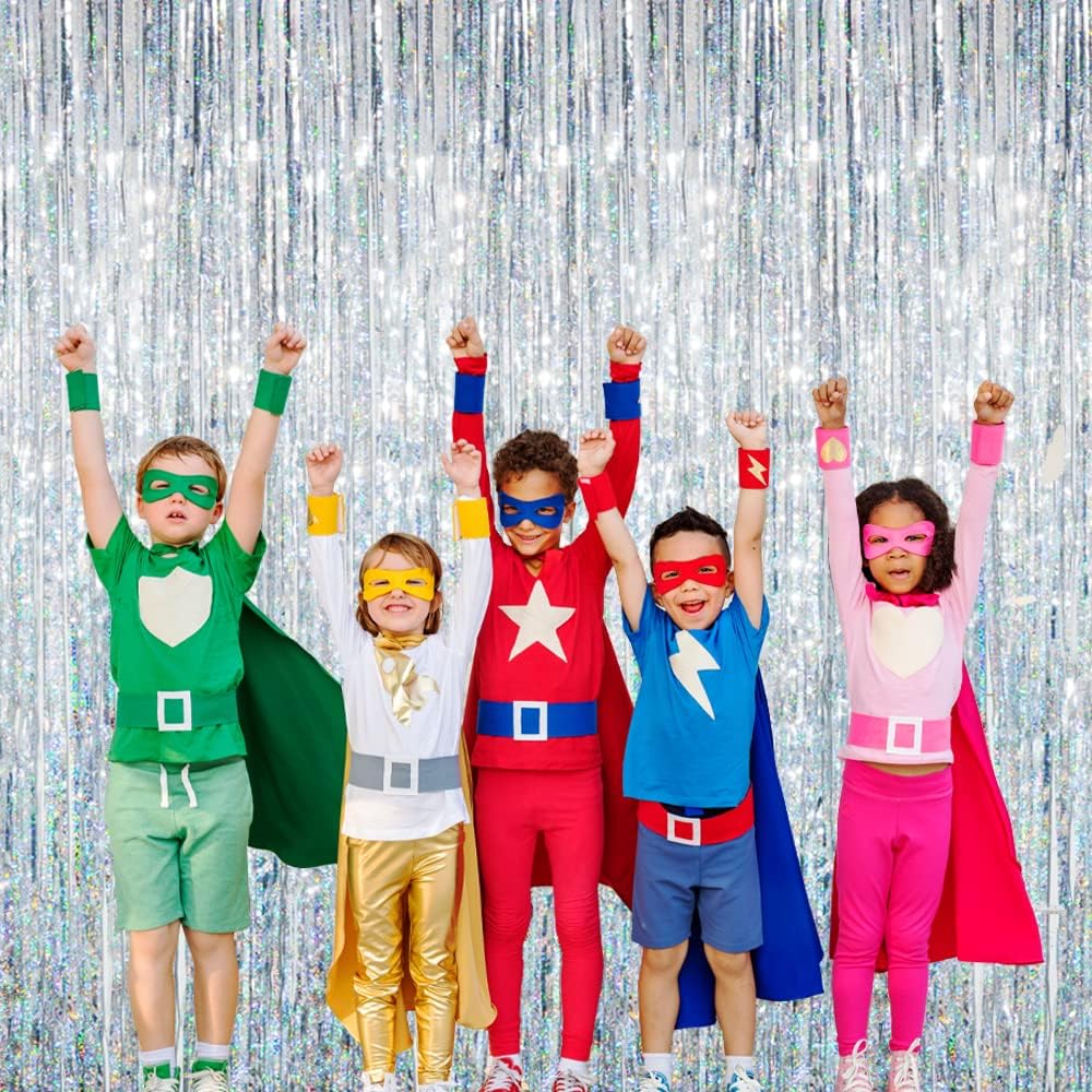 GOER 3.2 ft x 8.2 ft Metallic Tinsel Foil Fringe Curtains Party Photo Backdrop Party Streamers for Birthday,Graduation,New Year Eve Decorations Wedding Decor (4 Packs,Shiny Silver)