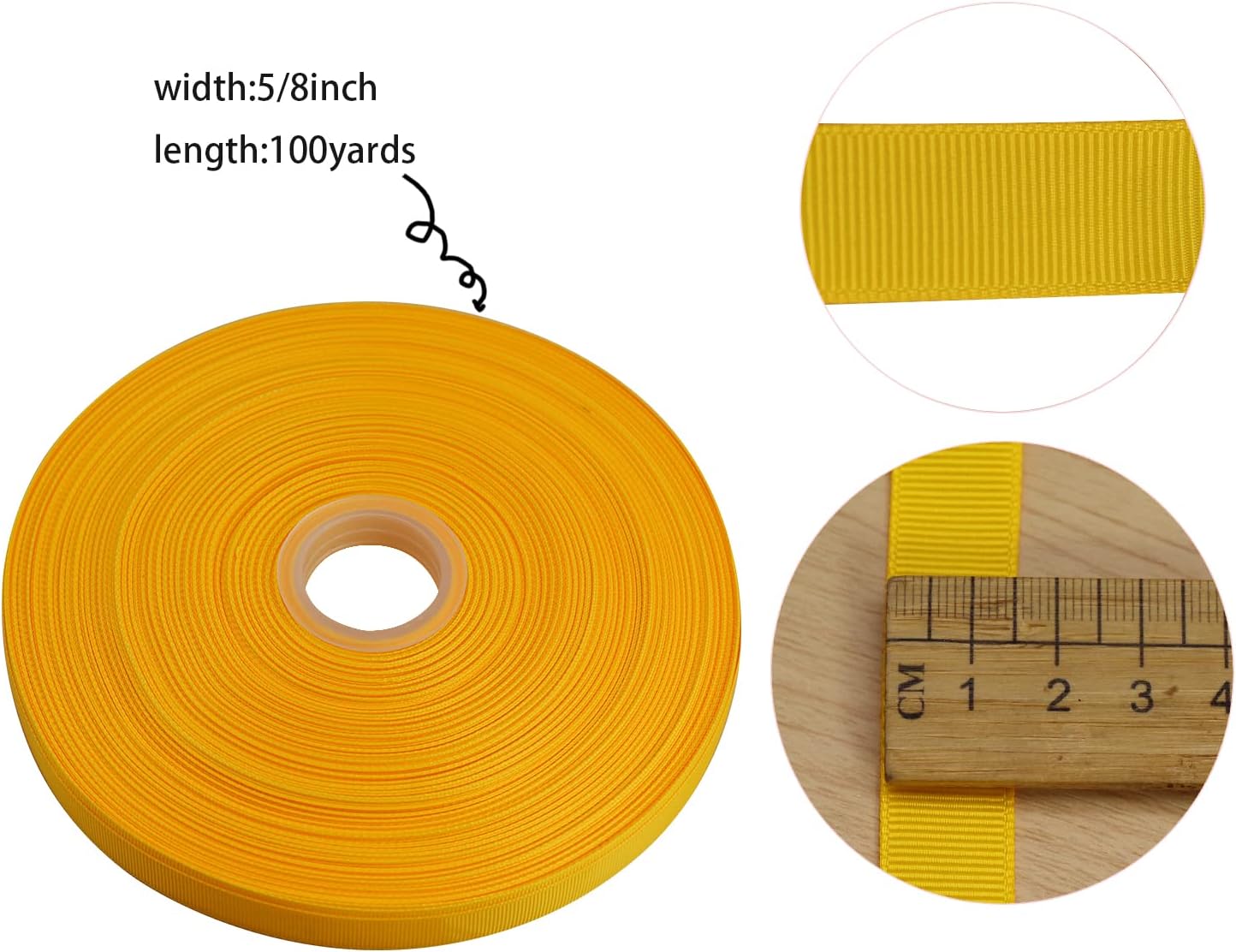 Jesep One Roll 100 Yards Soild Grosgrain Ribbon Boutique Gift Wrapping Package Ribbon, DIY Crafts Bow Hair Headband Accessories Assorted Ribbon #642 (5/8" 15mm, Gold)