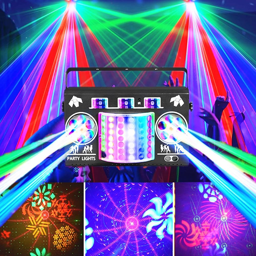 Party Lights DJ Disco Ball Light 5-in-1 Laser Strobe Projection Light DMX Control Sound Activation and Remote Control Live Performance Family Gathering, Club, bar, Karaoke, Birthday Holiday Carnival