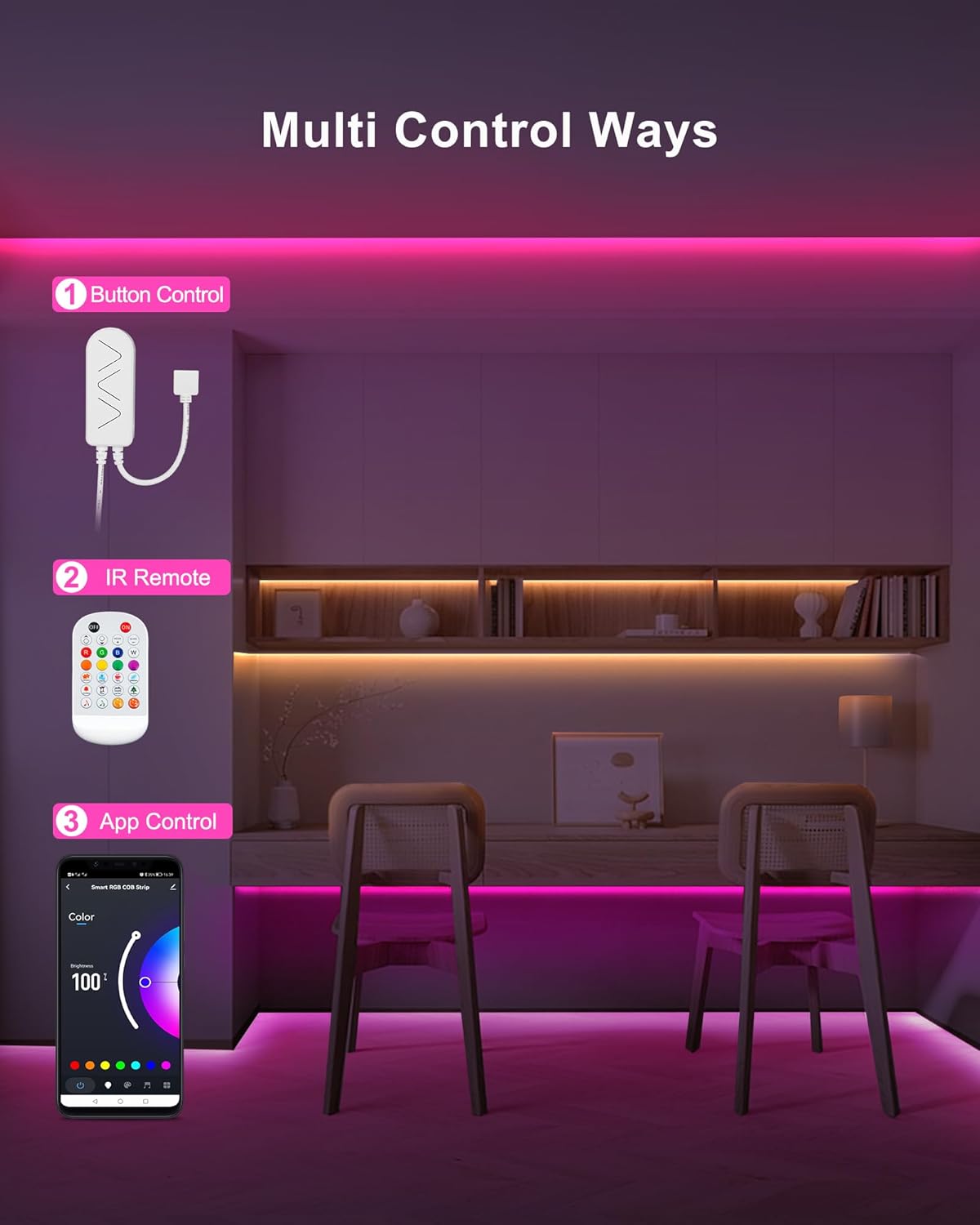 4.92ft Bluetooth RGB COB Led Strip Lights with Remote, Dimmable Smart App Led COB Light Strip, Color Changing Music Sync, Indoor RGB Led Lights for Bedroom, Home Decor, Party