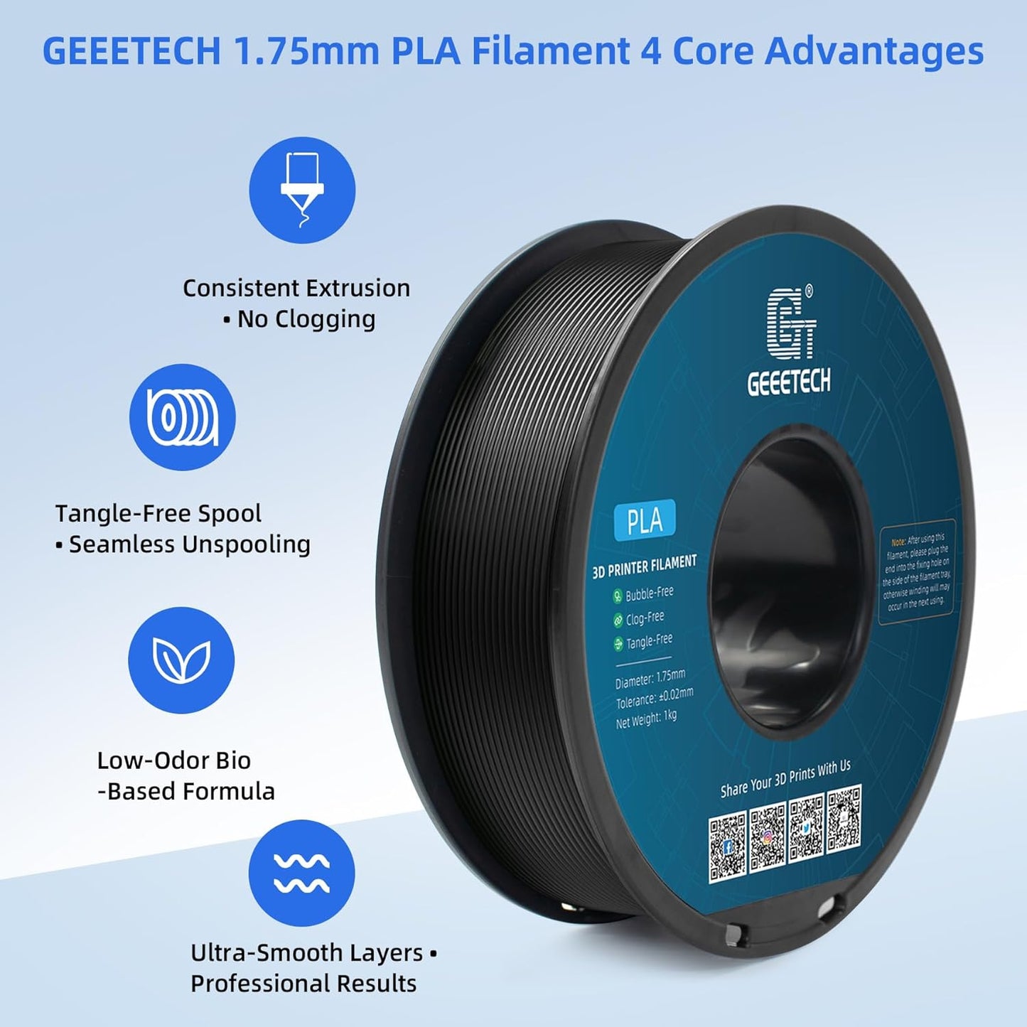 Geeetech PLA Filament 1.75mm, Neatly Wound Black 3D Printer Filament, Tangle-Free 1kg Spool (2.2lbs), Dimensional Accuracy +/- 0.02mm, Fits Most FDM 3D Printers