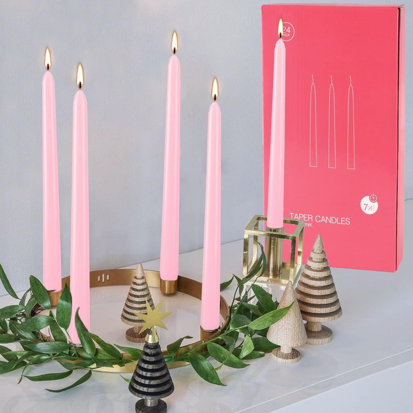 24 Pack Pink Taper Candles, 7-8 Hours Burn Time, Unscented, Smokeless and Dripless, 0.75 x 10 Inch Dinner Candle Set for Household, Wedding, Party and Home Décor Candlesticks