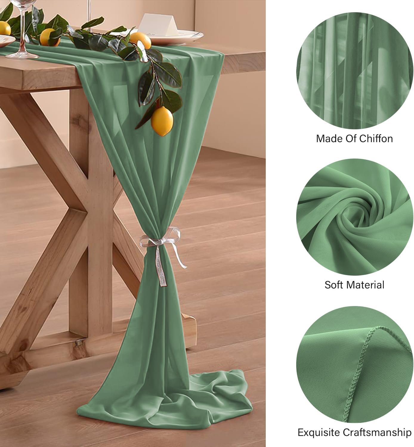 6 Pack 10 Ft Chiffon Table Runner Sage Green Gauze Long Table Runners 27x120 Inches Sheer Tulle Table Runner for Rustic Wedding Reception Bridal Shower Decorations Birthday Party