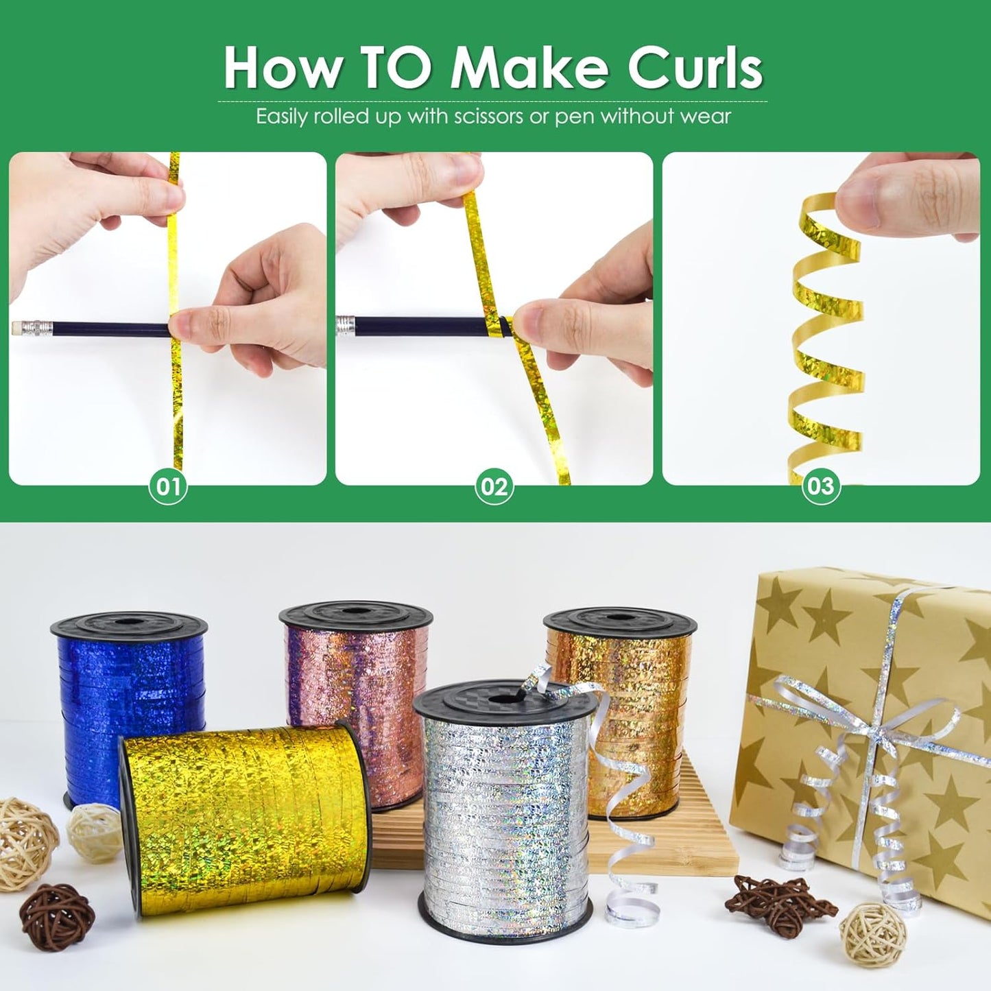 Green Curling Ribbon 500 Yard, Shiny Metallic for Gift Wrapping, Balloon String, 3/16" Thin Gift Ribbon for Florist Flower