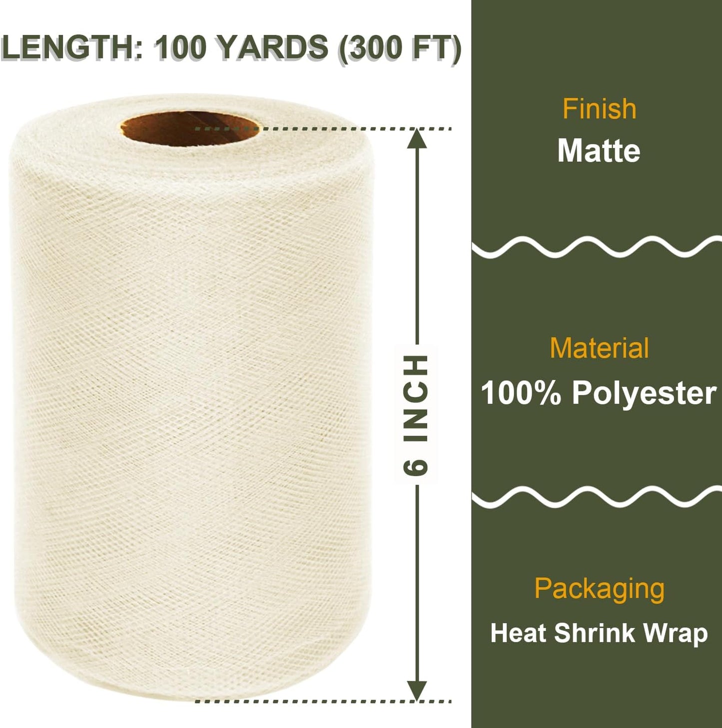 Ivory Tulle Fabric Roll 6 Inch X 300 FT (100 Yards) Matte Tulle Ribbon Netting Mesh Spool for DIY Tutu Skirt Wedding Bow Gift Wrapping Baby Shower Christmas Party Halloween Decorations
