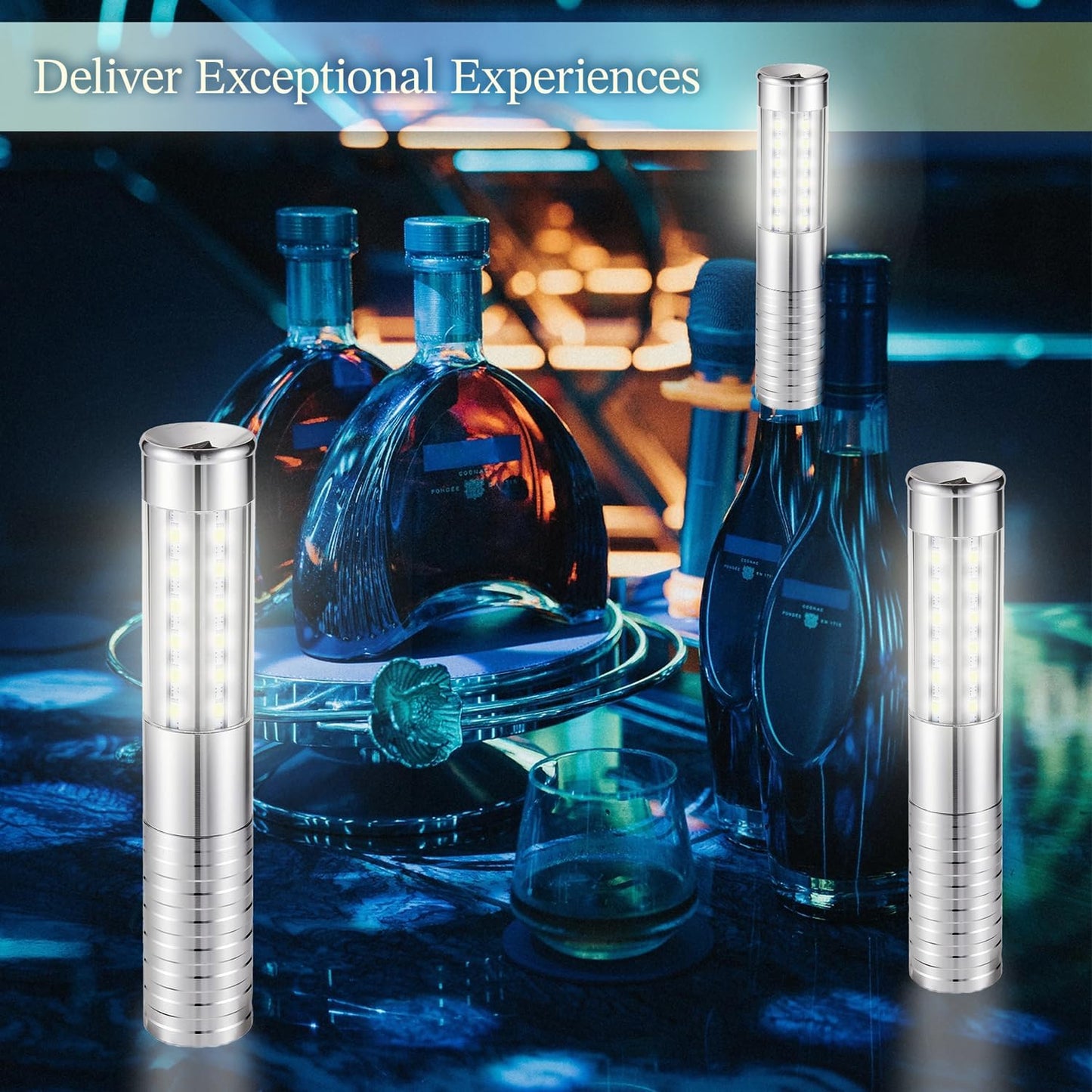 4 Packs Rechargeable LED Strobe Baton Lights Reusable Bottle Service Lights for Liquor Bottles Handheld Service Sparklers for Club Weddings Concert Outdoor Events (Silver-White Light, 4)