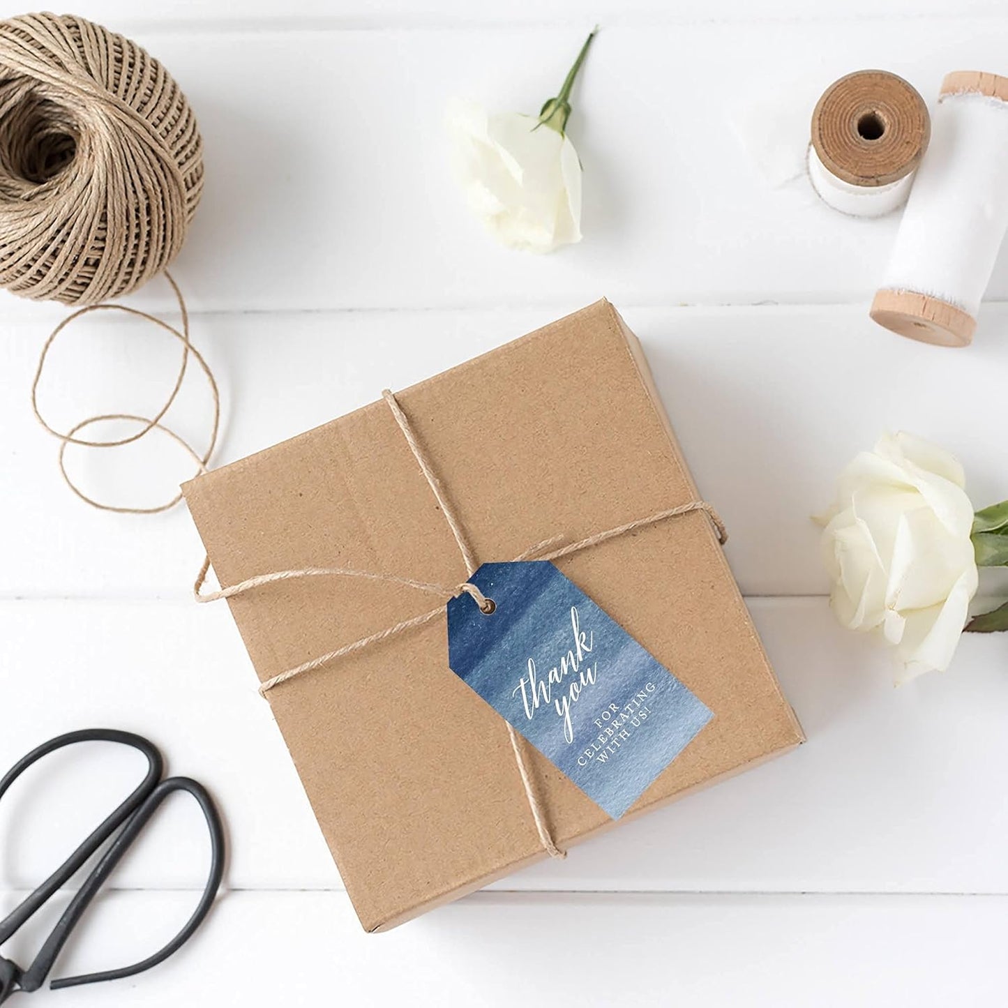 Andaz Press 100-Pack Thank You for Celebrating with Us Favor Tags Navy Blue Ombre Watercolor Cardstock Gift Tags with Bakers Twine for Wedding Baby Shower Bridal Shower Party Favors 2 x 3.75-Inches