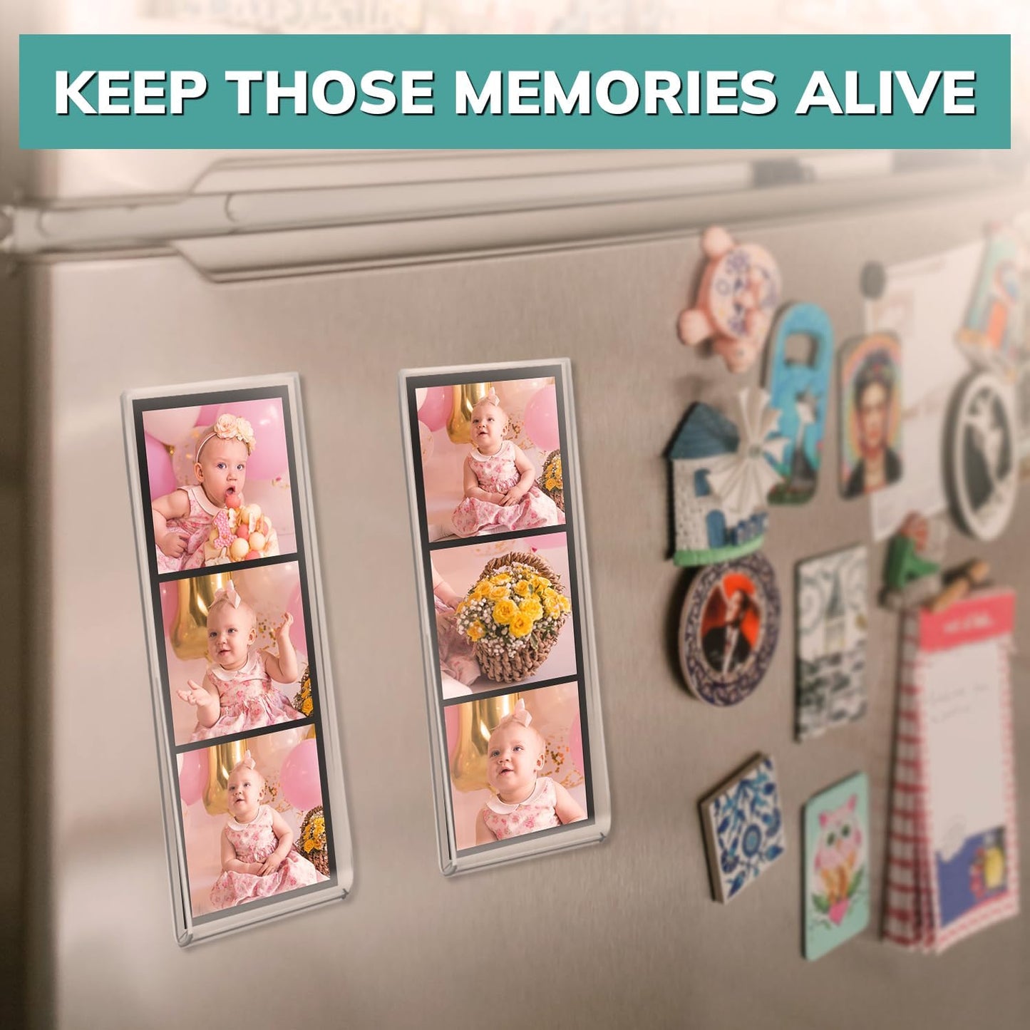 pbf PHOTO BOOTH FRAMES 2x6 Magnetic Picture Frames for Refrigerator | 2 x 6 Clear Magnetic Acrylic Frames for Photo Strips | Magnetic Photo Holders for Fridge, Locker, Sign Holder (100-Pack)