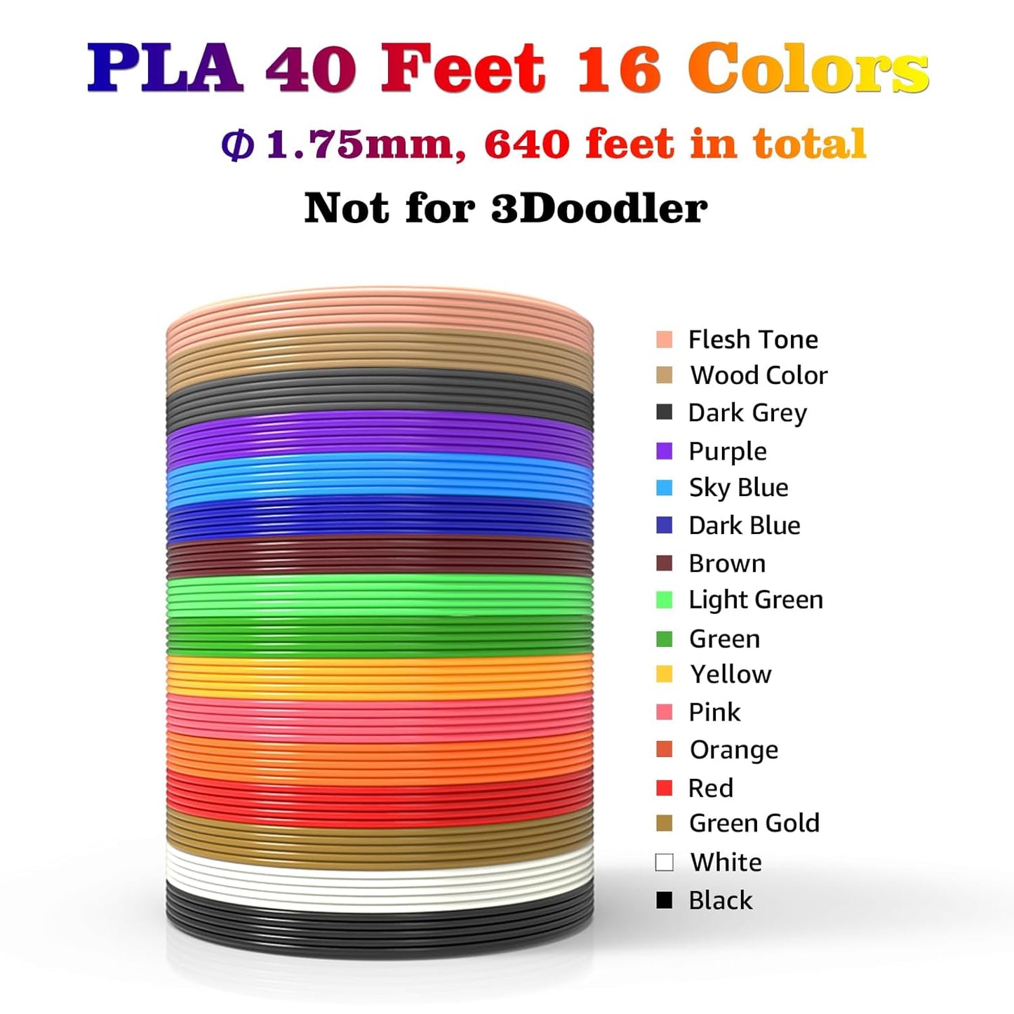 3D Pen Refills 1.75mm PLA Filament 640 Feet 16 Colors, Each Color 40ft, Bonus 250 Stencils eBooks, dikale 3D Pen Material