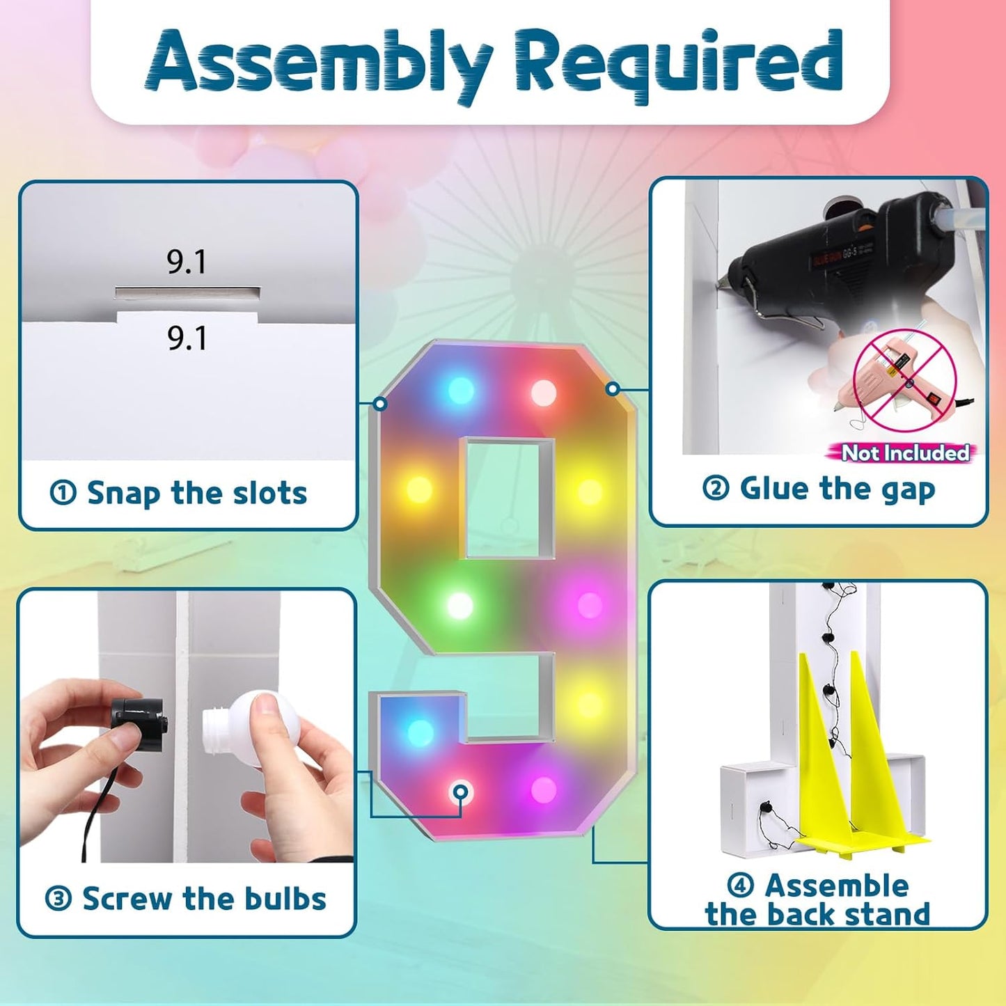 imprsv 4FT Colorful Marquee Numbers,18 Colors Number 9 with Remote, Light Up Sign for 8th Birthday Decorations Anniversary Party Decor, Pre-Cut Foam Board Kit, Mosaic Sign for Balloon