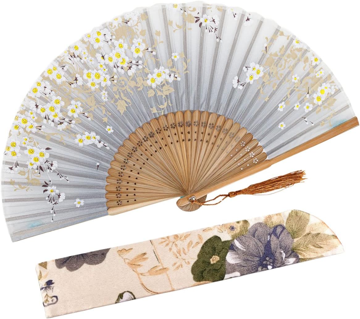 Amajiji 8.27"(21cm) Hand Held Bamboo Silk Folding Fan Hand Fan,Chinese/Japanese Charming Elegant Vintage Retro Style,Women Ladys Girls Best Gifts (Gray Little Sakura)