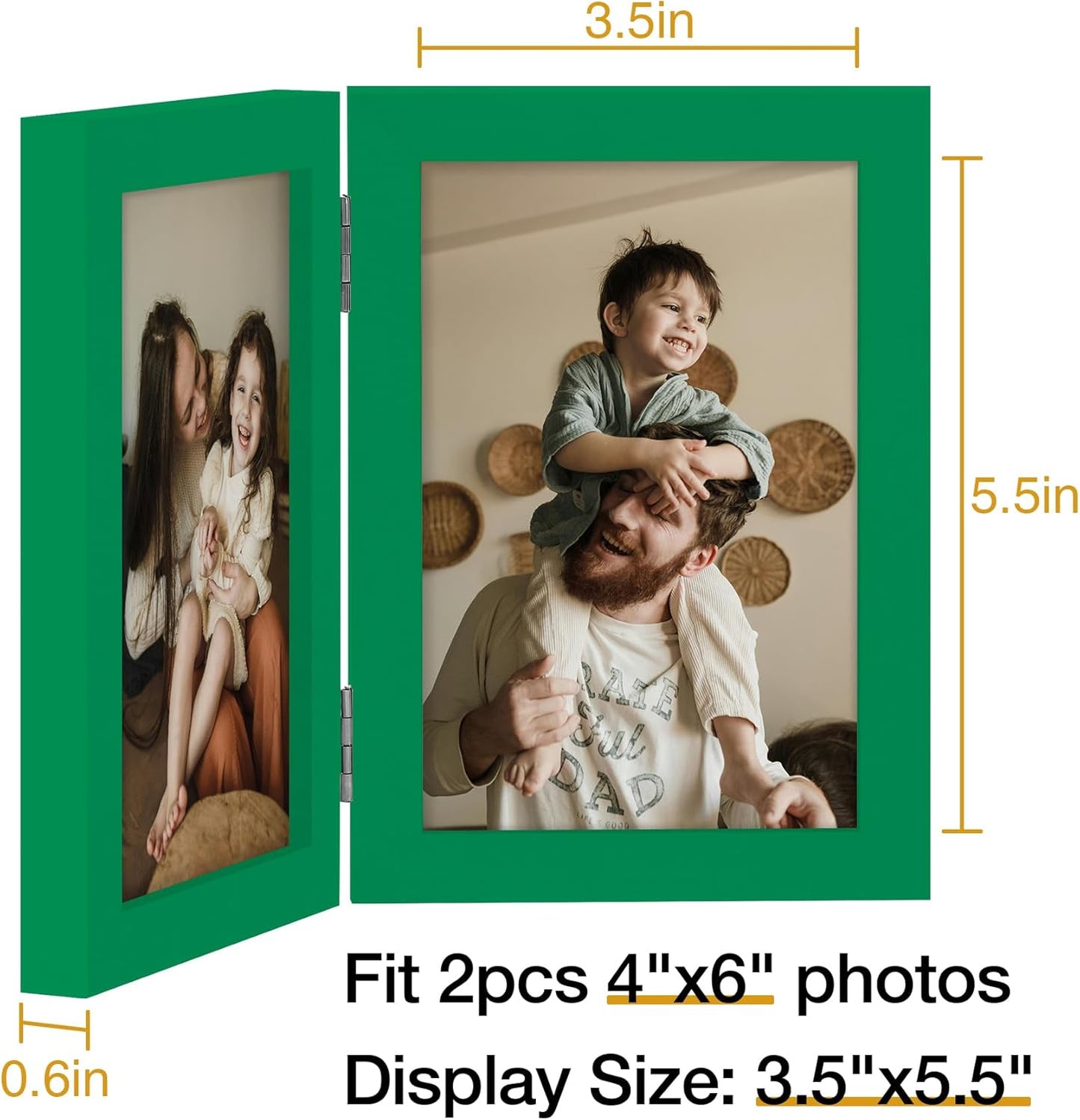 decorUhome Double 4x6 Picture Frame Vertical, Engineered Wood Bifold Photo Frame with Plexiglass for Tabletop Display, 4x6, Green