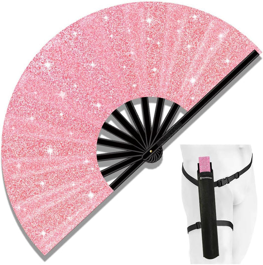 13" Large Folding Rave Fan with Holster, Clack Hand Fans Foldable for Line Dancing, Boots On The Ground Fan for Women Men Festival EDM Party Decoration, Glitter Pink