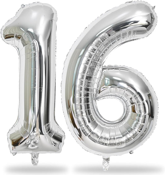Silver 16th Birthday Balloons for Boys, 40 Inch Mylar Self Inflating 16 Balloon Number, Big Foil 1 and 6 Helium 16 Balloons for Women Men Girls Birthday Party Decorations Anniversary Decor Supplies