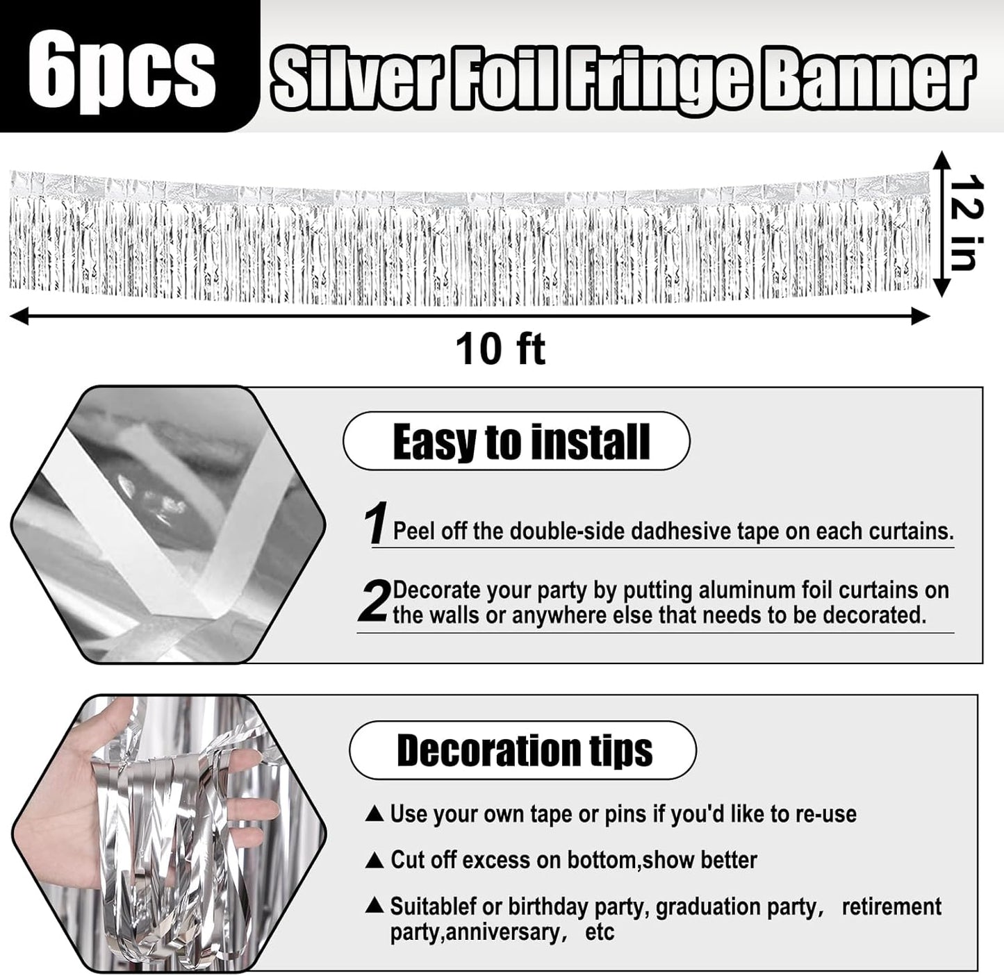 6 Pack 10 Feet Silver Foil Fringe Garland Metallic Tinsel Streamers Banner Wall Hanging Curtain Backdrop for Parade Floats, Birthday, Graduate, Mother's Day, Wedding Party Decoration
