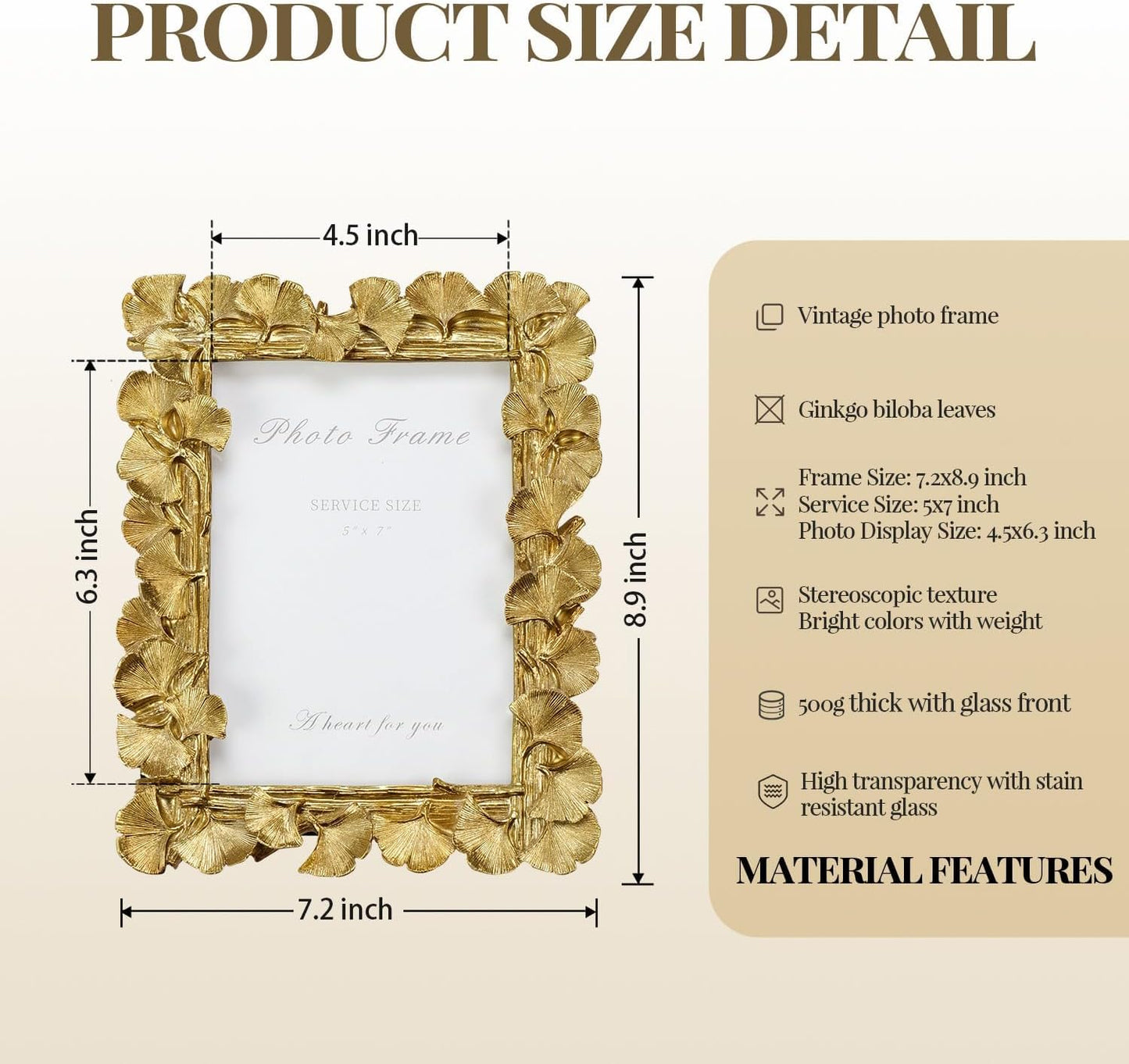 Cuspin 5x7 Picture Frame Vintage Gold Frames, Ornate Leaf Textured Hand-Crafted Resin with Glass Front, Gold Picture Frames for Tabletop Display, Retro Design Home Decor