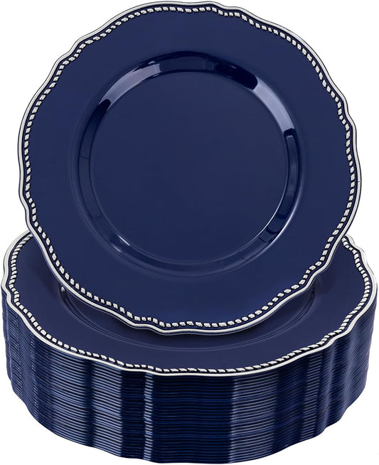 Hioasis 60pcs Blue Plastic Plates - Blue and Silver Disposable Dinnerware with Gold Rim, Heavy-duty, 7.5 inch, Dessert Plates for Party & Wedding