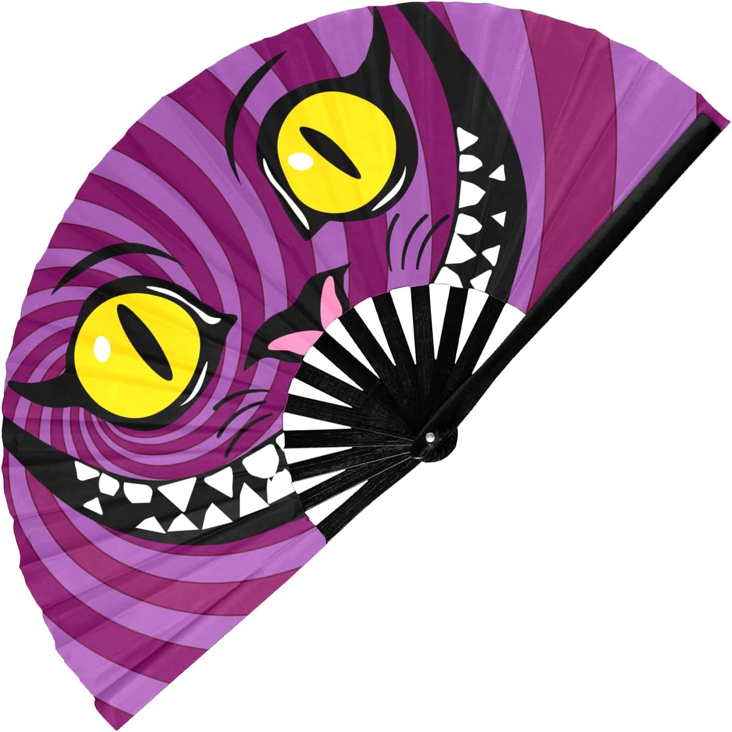 GloFX Large Hand Fan - Alice in Wonderland Cheshire Cat Fan - Bamboo Folding Fans for Rave Accessories and Festival Essentials